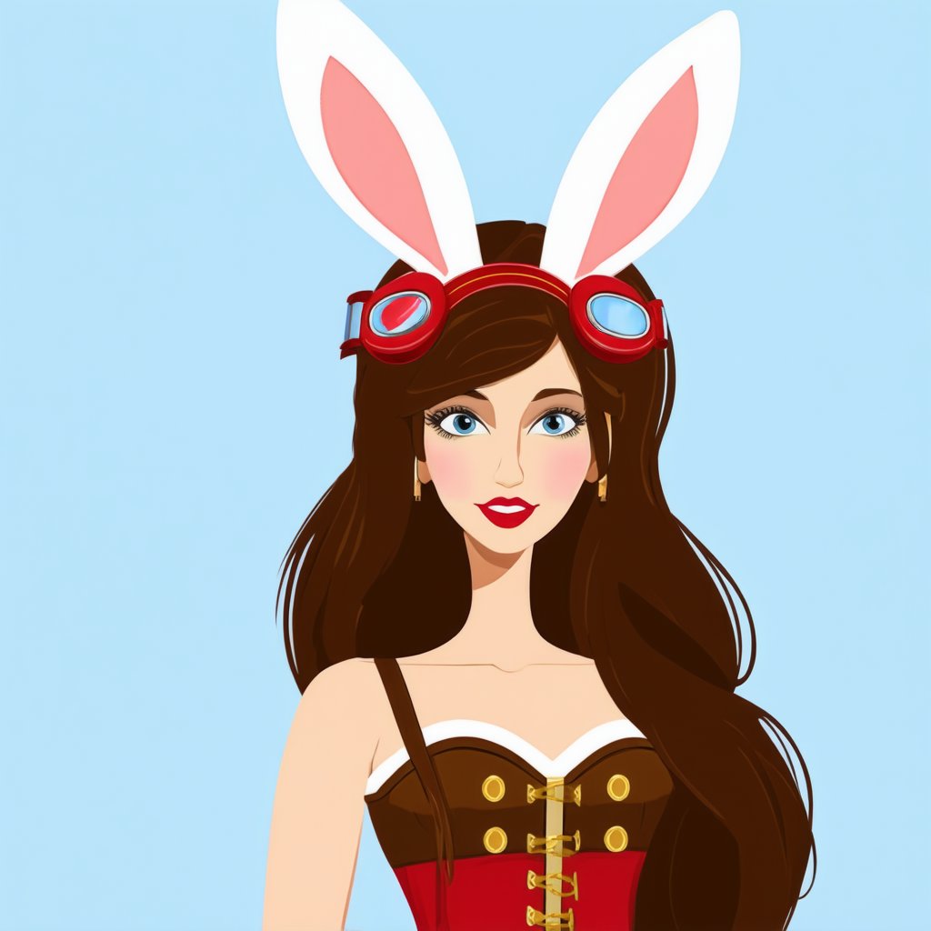 Flat Illustration, a young woman with long, flowing brown hair and is wearing a red headband with bunny ears. Her attire suggests a steampunk aesthetic, characterized by the presence of goggles, a brown corset-style top adorned with gold accents, and a red skirt.