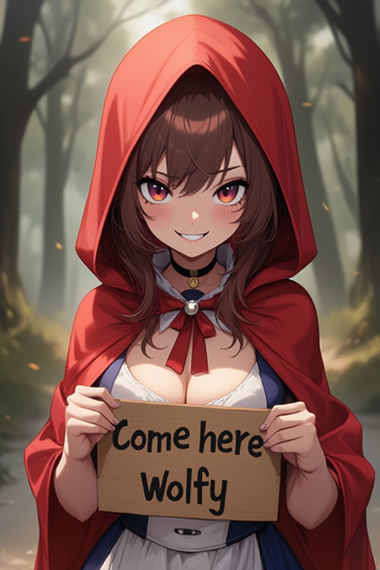 ATRFX style, a girl wearing red riding hood costume, holding a sign above her head that says "Come Here Wolfy" with a smug grin on her face