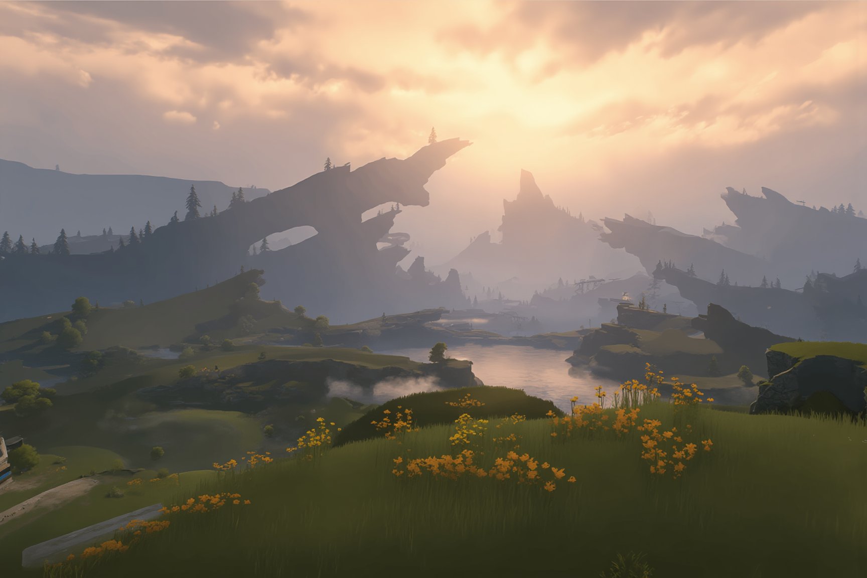 A serene mountain meadow at sunset, with rolling hills of emerald green and wildflowers of vibrant orange and yellow swaying gently in the breeze. The warm light casts a golden glow on the scene, with the towering peaks of the mountains rising up in the distance, their rugged grandeur softened by the soft focus of the atmosphere, wuwa_style