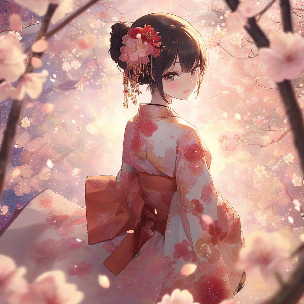 anime, A serene young girl in a stunning kimono poses elegantly against a subtle gradient background, surrounded by delicate cherry blossoms. Soft golden light illuminates her porcelain complexion and intricately designed garment, highlighting the masterpiece's intricate details. The framing of the shot emphasizes her gentle poise, as she stands amidst the blooming flowers.