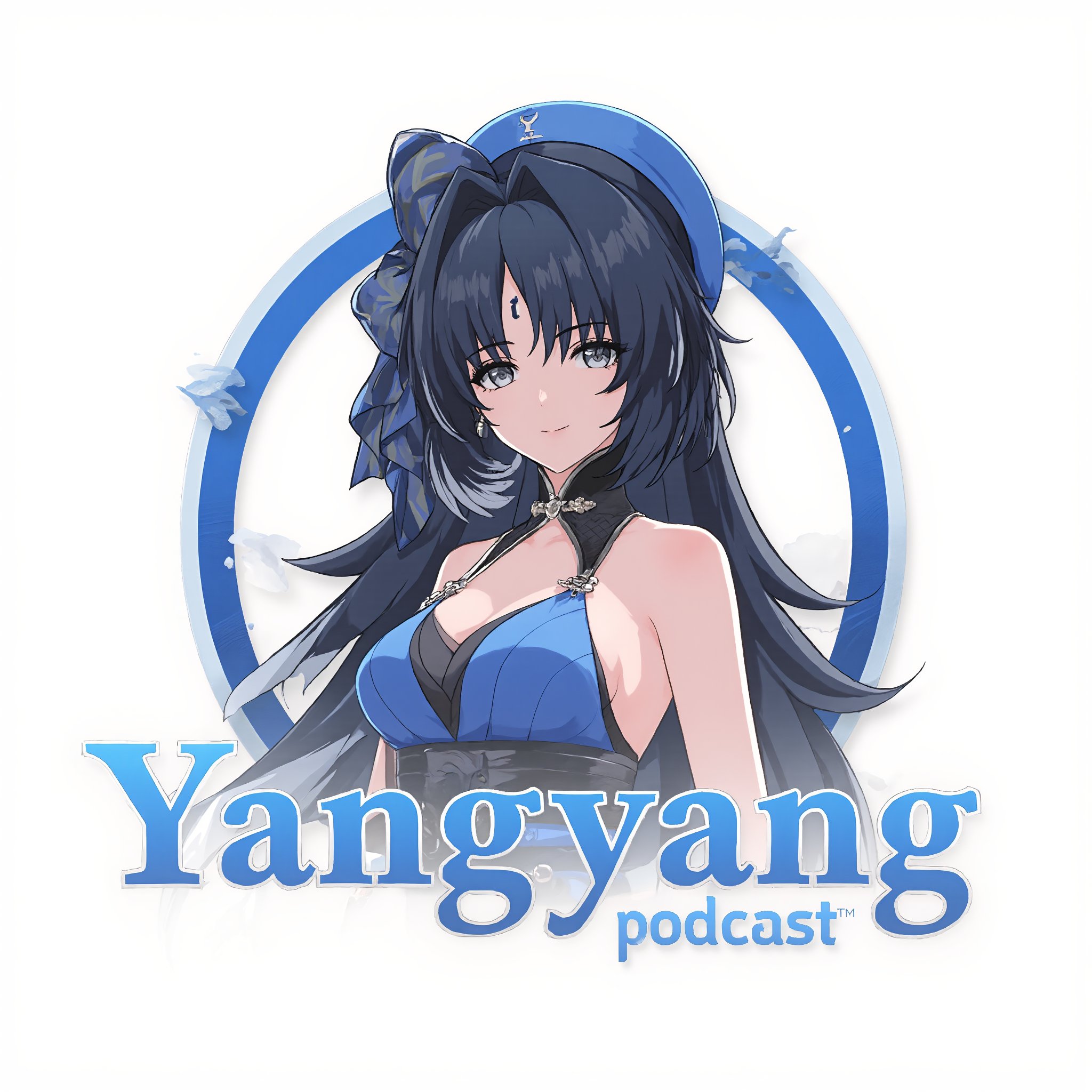 A stylized logo features a circular design with yyd, a young woman with long black hair and blue sleeveless dress prominently displayed at the center. The background is white, providing a sophisticated contrast to the blue on the text 'Yangyang Podcast' component. A minimalist composition allows the logo's unique typography to take center stage.