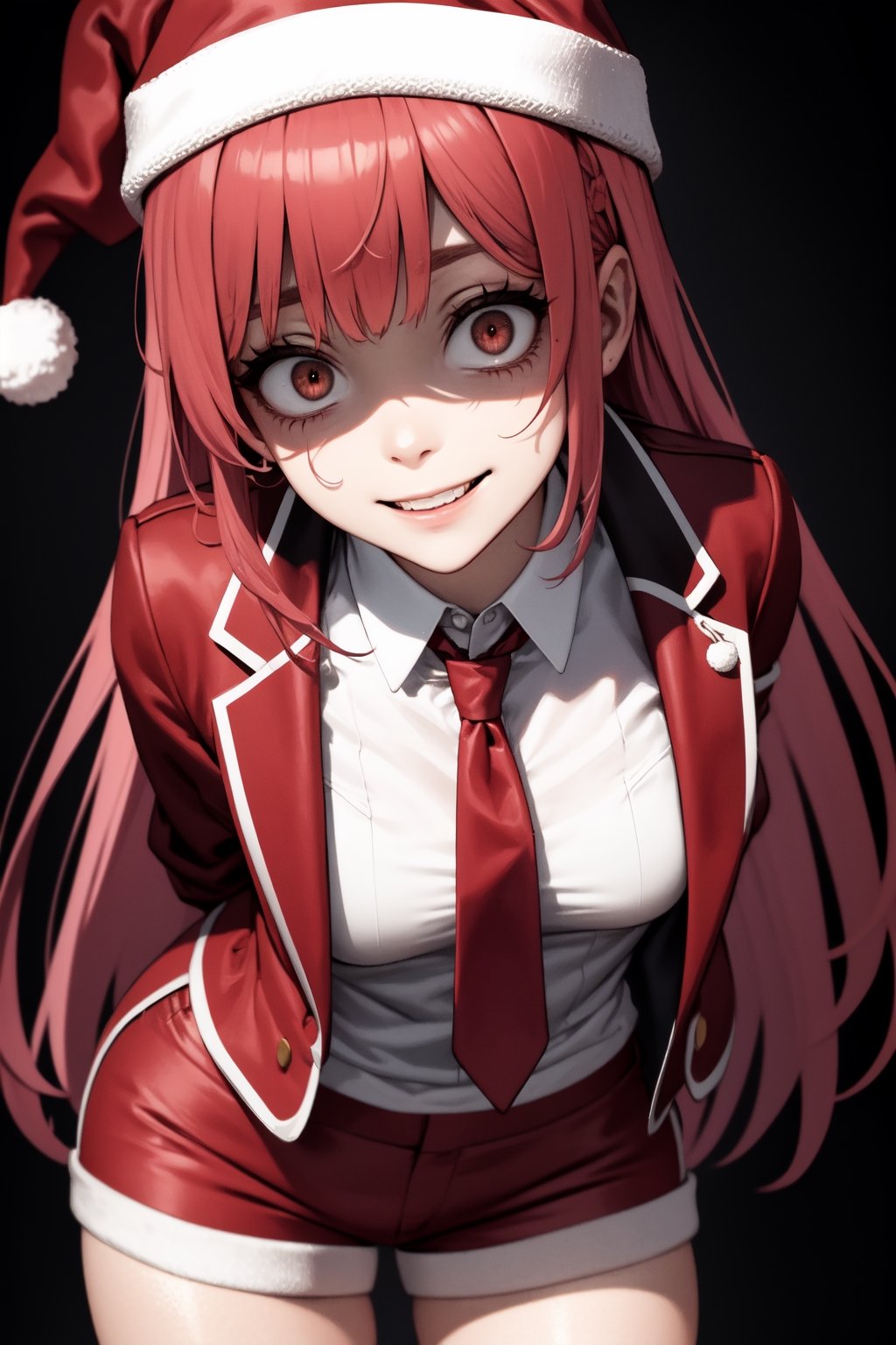 masterpiece, best quality, highly detailed, absurdres, 8k, 1girl, petite, (ginger long hair), hazel eyes, {wearing white shirt, red tie, matching shorts, red jacket, santa hat}, (solo female), (yandere), crazy smile, constricted pupils, (shaded face), looking at viewer, yameroyandere, ((horror)), ((horror atmosphere)), standing, (leaning forward)