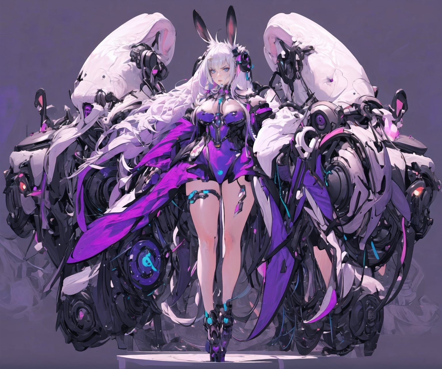 masterpiece, best quality, highly detailed, trending, 1girl, busty, purple themed clothing, long hair, simple background, sfw, Rabbit ear, mechanical body, full_body