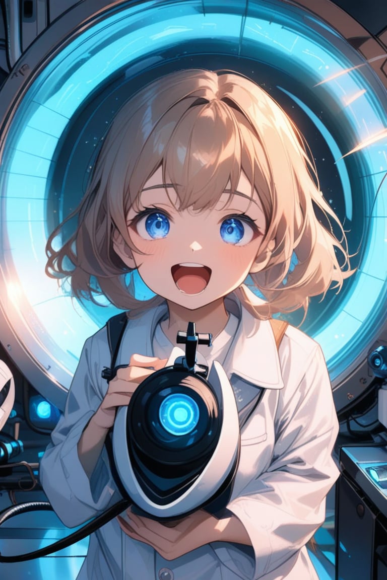 anitrait, A young girl, eyes shining with excitement, holds apportalgun in front of a swirling blue vortex. Framed by a warm glow, her determined expression and outstretched arm draw the viewer's attention to the device's sleek design. The surrounding environment is a sterile laboratory, with machinery and tools scattered about.