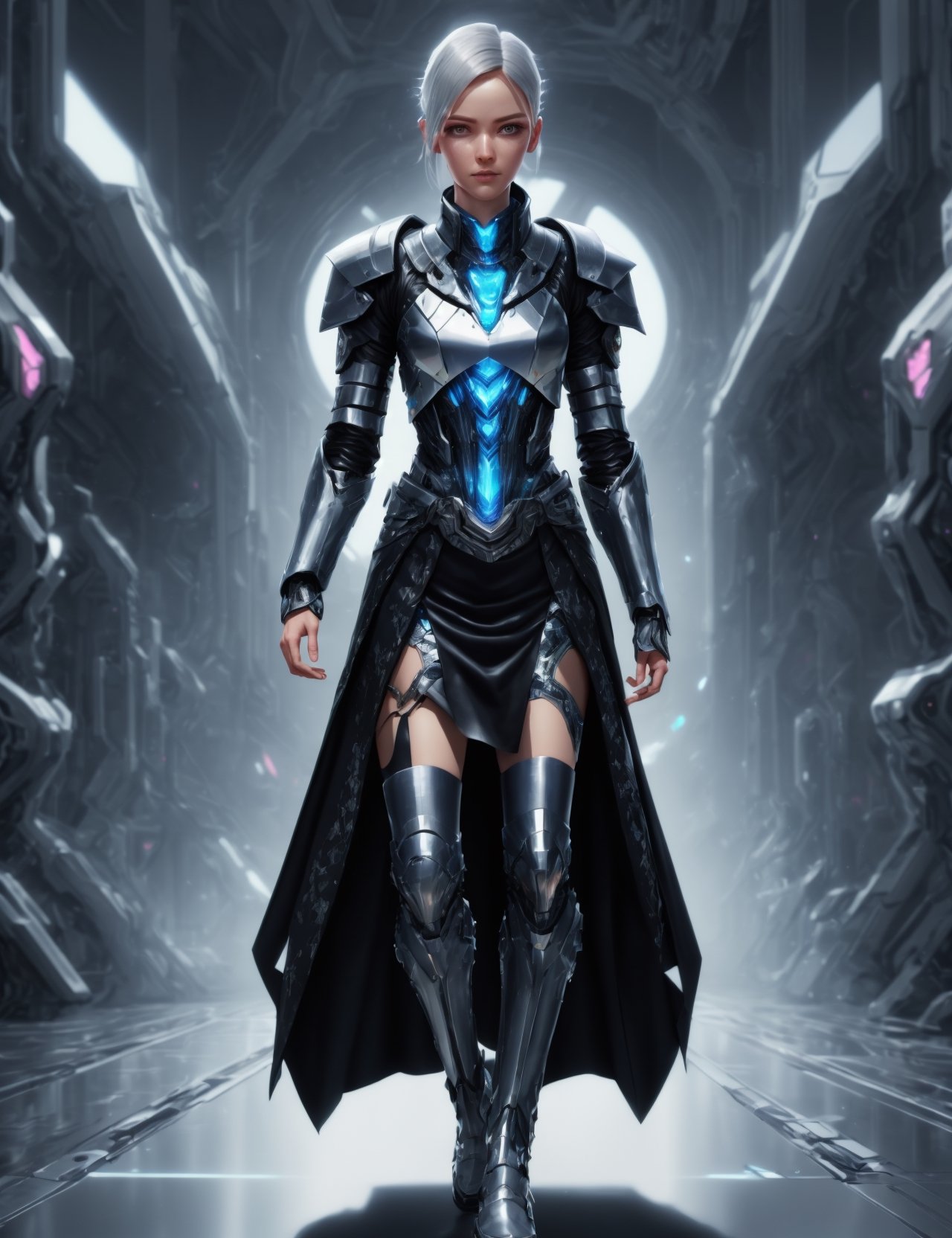 ((best quality)), ((masterpiece)), ((realistic,digital art)), (hyper detailed),DonMR0s30rd3r female knight full body clothing,  Neural Interface Leather,   Batwing Sleeves, Maxi Length, Empire Waist, Pleated Skirt,  Cargo Pockets,,Ombre Wash,,Asymmetric Hem,,Closure Type,,Contrast Stitching,High Slit, Button Closure,  , octane rendering, raytracing, volumetric lighting, Backlit,Rim Lighting, 8K, HDR