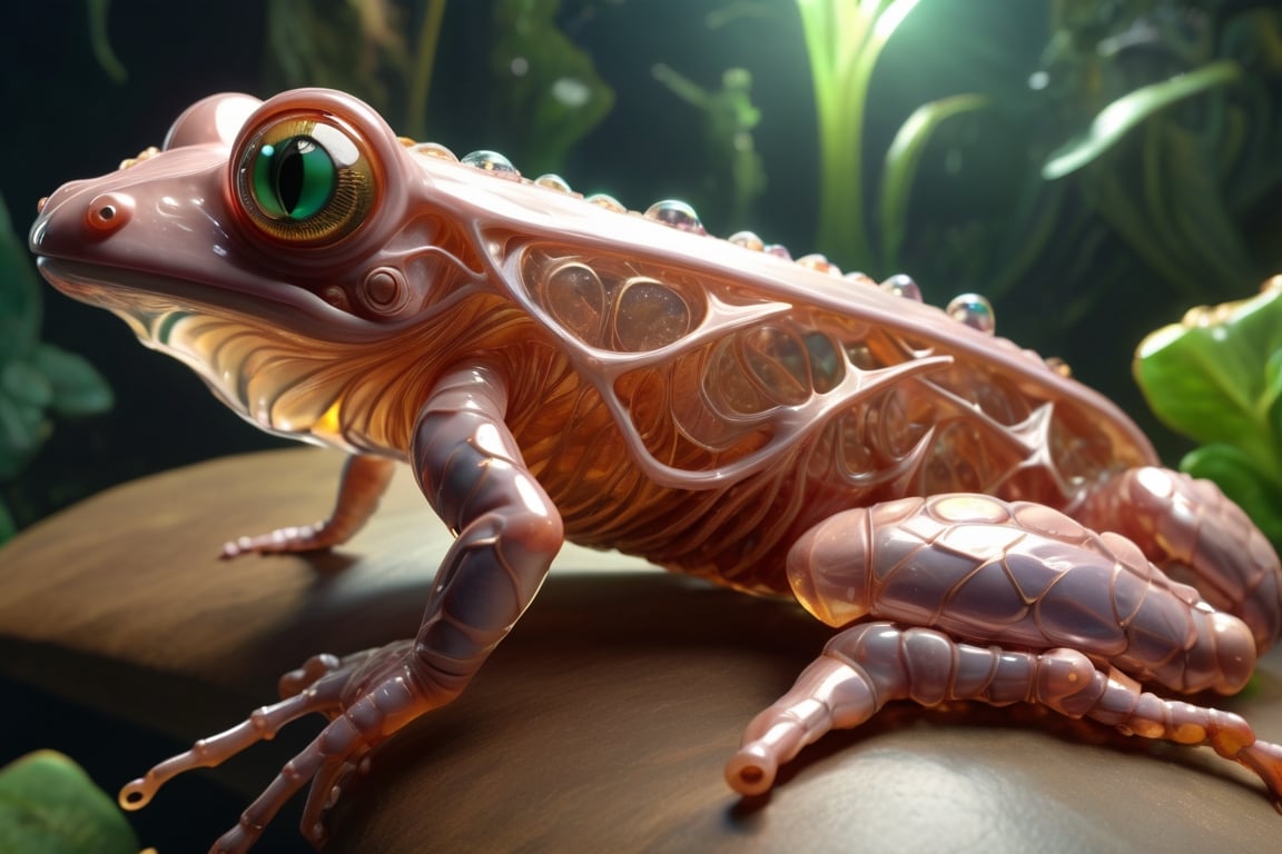 ((best quality)), ((masterpiece)), ((realistic)), (detailed),Huge Whimsical Webbed Serene Amphibian,  Plantigrade Appendages, Quadrifurcated-Tailed, Spiked-Tailed, Exoskeleton,  Crystal Wings,, octane rendering, raytracing, volumetric lighting, Backlit,Rim Lighting, 8K, HDR