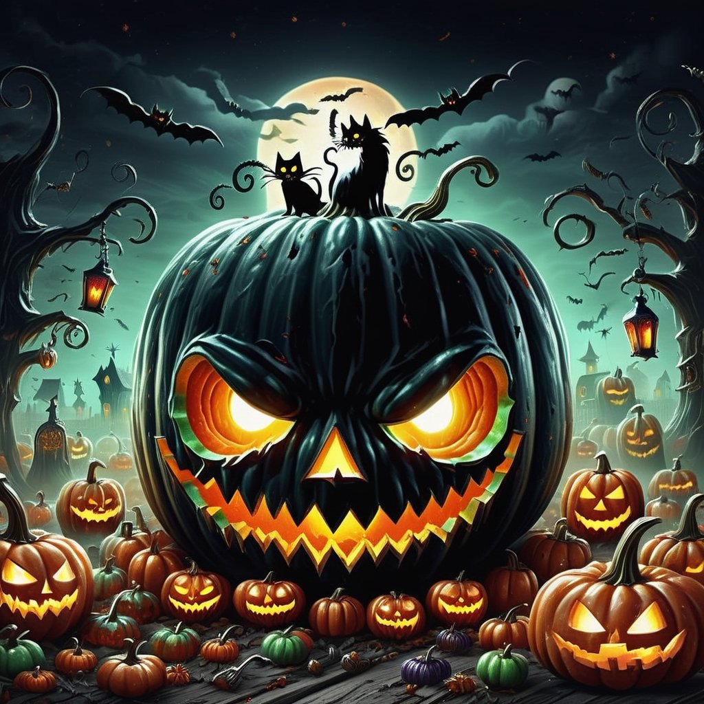 ((realistic,digital art)), (hyper detailed),donmcr33pyn1ghtm4r3xl  Whispering Retro Halloween Headless Horseman Pumpkin Patch Candy Apples Black Cats Wicked Chuckle Skull-shaped Candles Spider Silhouettes Decorating Homes and Yards