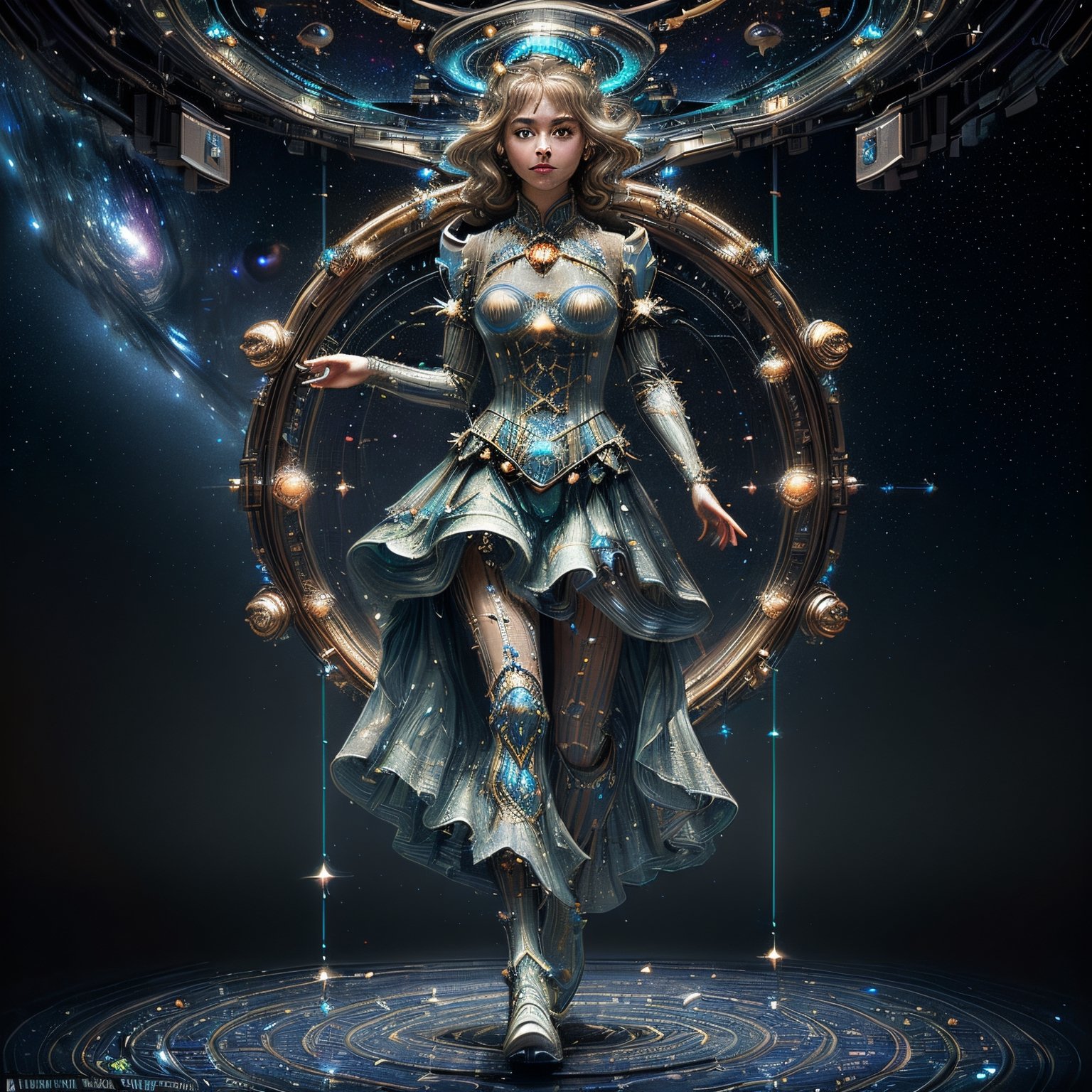 Detailed, a stellar princess wearing an DonMASKTex dress, upper body shot, with cables, springs, struts, walking backwards through the cosmic mirror,  stunningly beautiful, 