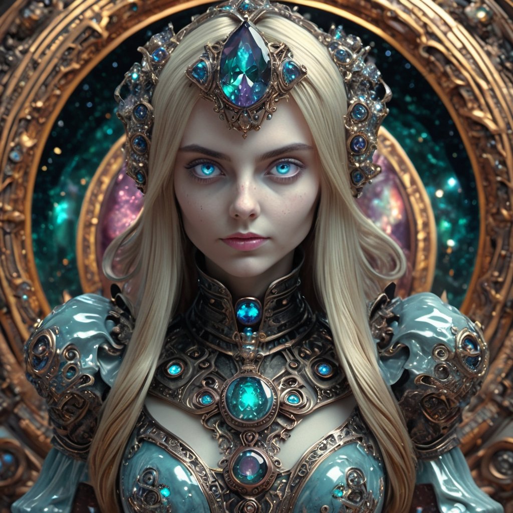 ((best quality)), ((masterpiece)), ((realistic,digital art)), (hyper detailed), Alice made of Space Gleaming Twinkling Alexandrite, Glistering, Ceramic, Tenacity, Bleaching, Hard to Find, Fantasy, Antique, Mystical and Occult,8K, HDR