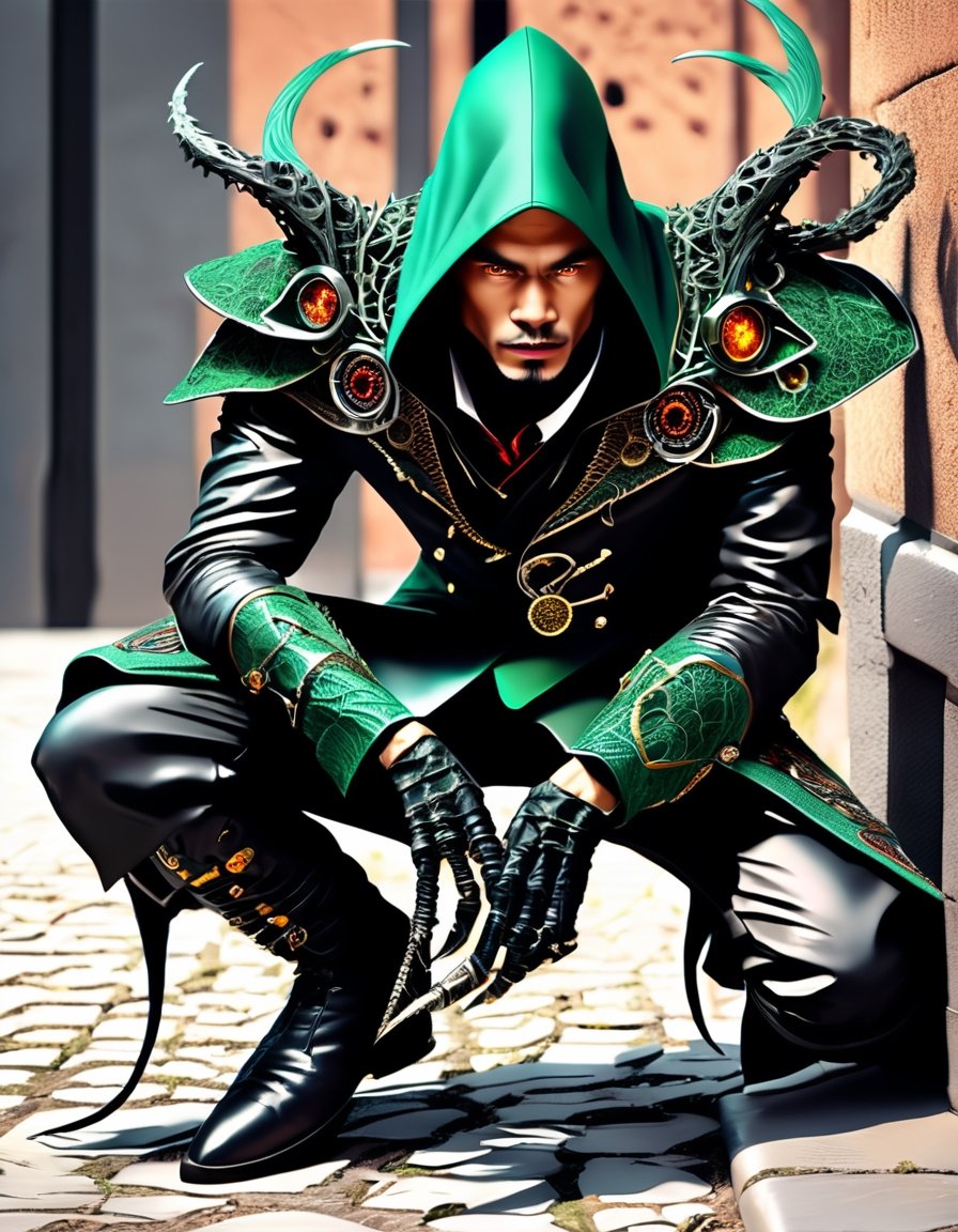 ((best quality)), ((masterpiece)), ((realistic,digital art)), (hyper detailed),DonMD34thM4g1c4tt1r3XL Mage,Layered haircut, Crouching or leaning against a wall, ready for stealthy maneuvers. 