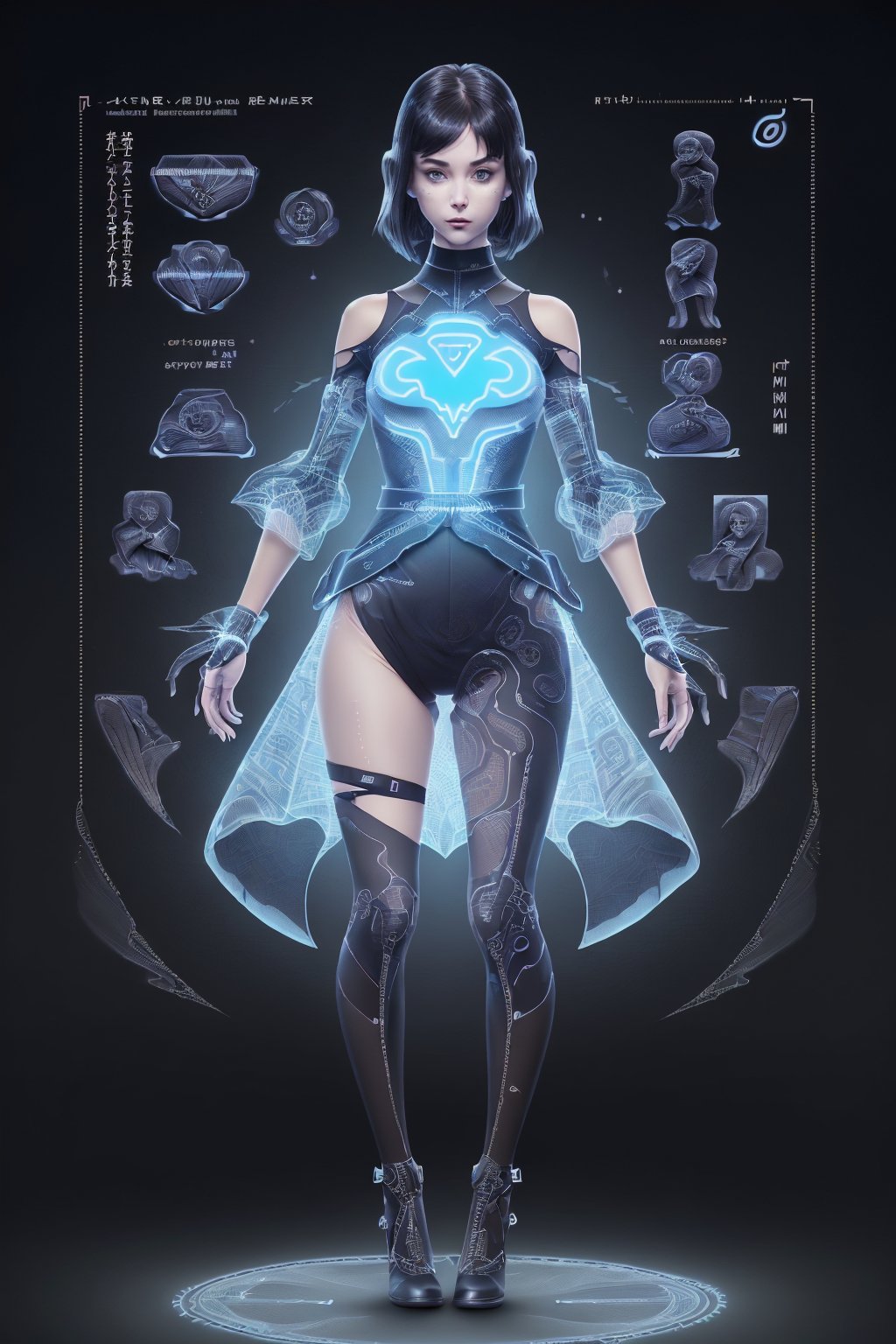 LaceAI human, upper body clothing, Mock Neck, Suede, , Programmable Smart Nanomaterials, Three-Quarter Sleeves, High-Low Hemline, High Waist,  Sash,  , lower body clothing, Biomech Silk, Futuristic Hieroglyph Pattern,, Transparent OLED Screens, Tunic Length, High Waist,  Cross-Back