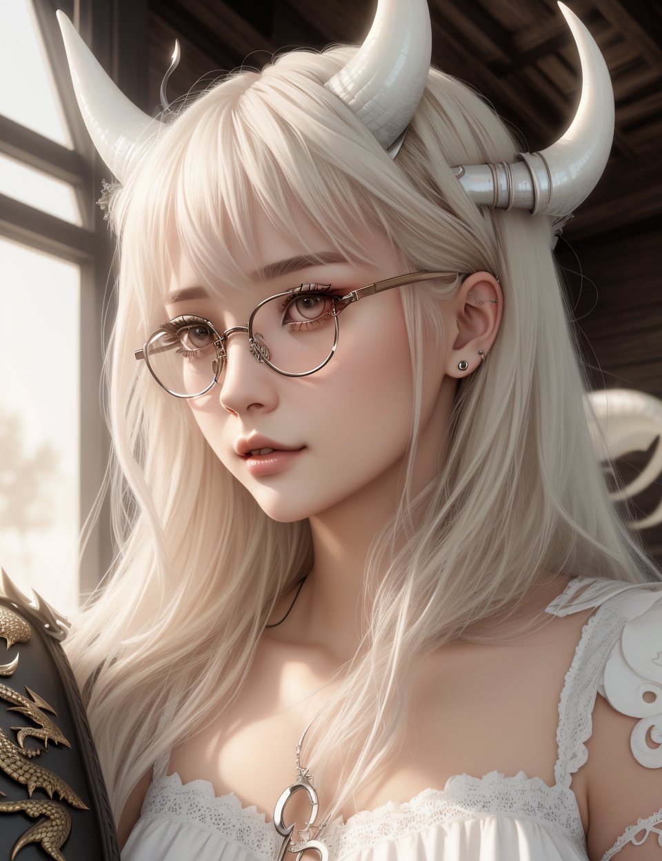 Egirl, hyper detailed masterpiece, dynamic realistic digital art, awesome quality,a girl with platinum blonde hair, round glasses, dragon horns, cute