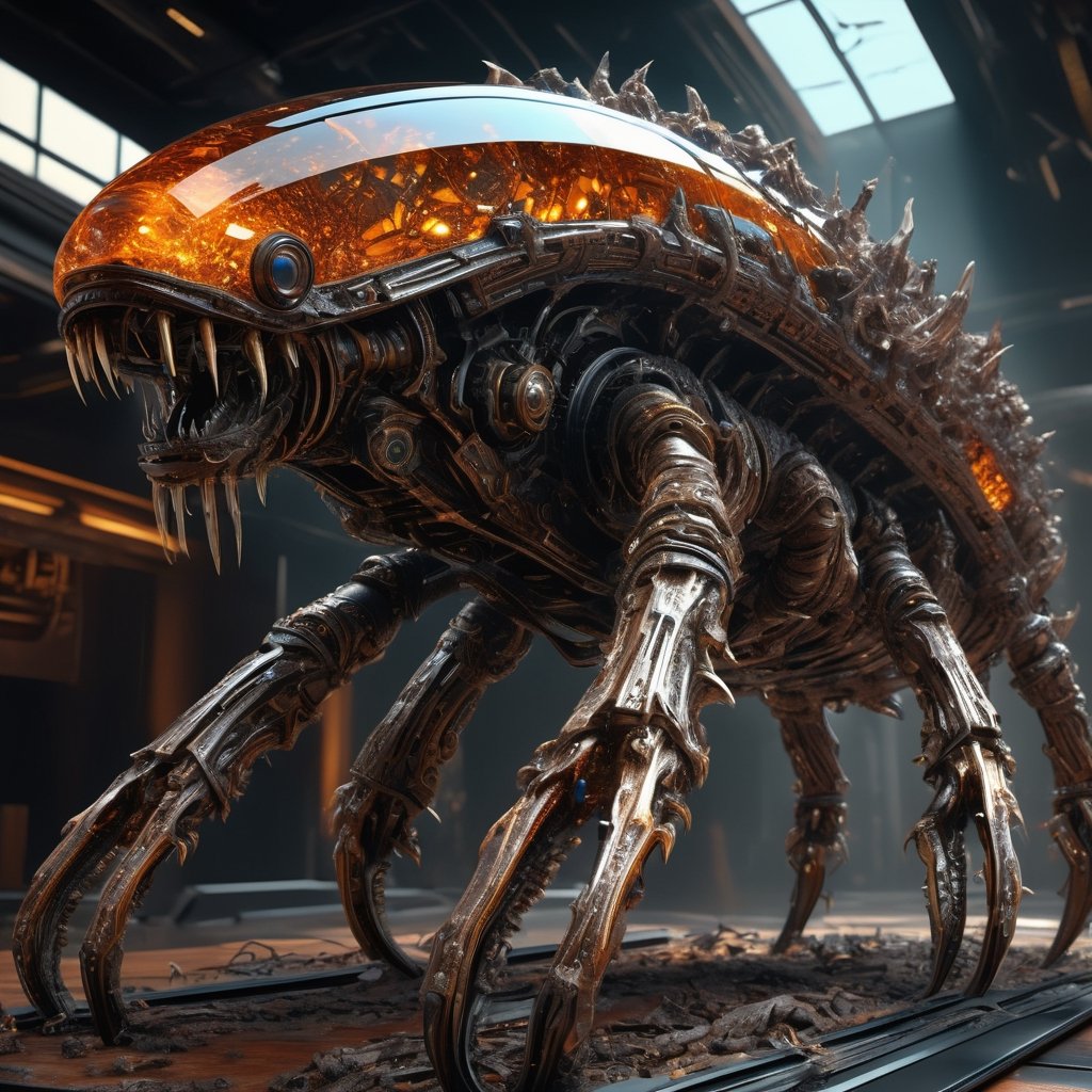 ((best quality)), ((masterpiece)), ((realistic,digital art)), (hyper detailed),DonMCyb3rN3cr0XL Enormous Gargantuan Crystalline Sleek Elongated, Decapod Quadrumanual, Plantigrade Appendages, Spiked-Tailed, Bark-like Skin, , octane rendering, raytracing, volumetric lighting, Backlit,Rim Lighting, 8K, HDR,