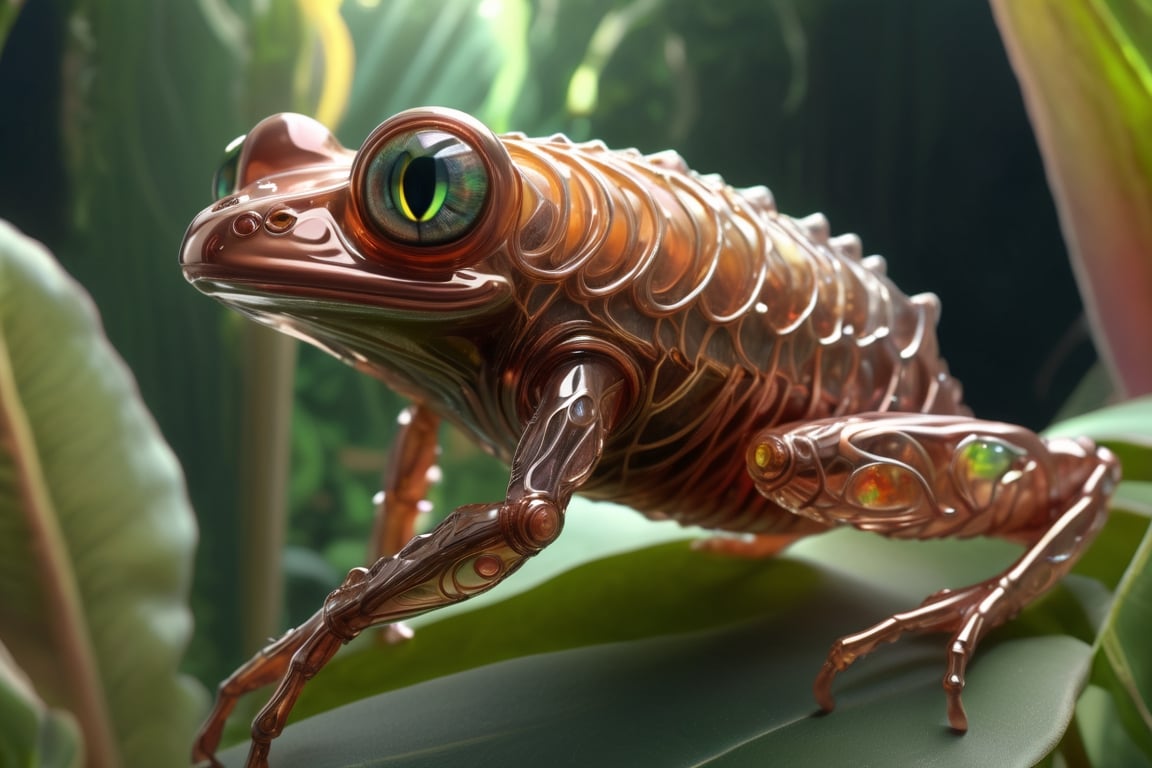 ((best quality)), ((masterpiece)), ((realistic)), (detailed),Huge Whimsical Webbed Serene Amphibian,  Plantigrade Appendages, Quadrifurcated-Tailed, Spiked-Tailed, Exoskeleton,  Crystal Wings,, octane rendering, raytracing, volumetric lighting, Backlit,Rim Lighting, 8K, HDR