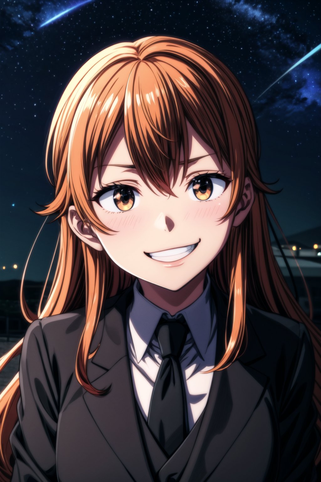 NamiFinal, Sharp Focus, Wearing Black Suit, Long Orange Hair, Cheeky smile, High Way In the Back Ground, night TIme, Stars In the Sky, Wearing Blach Shades, Close View