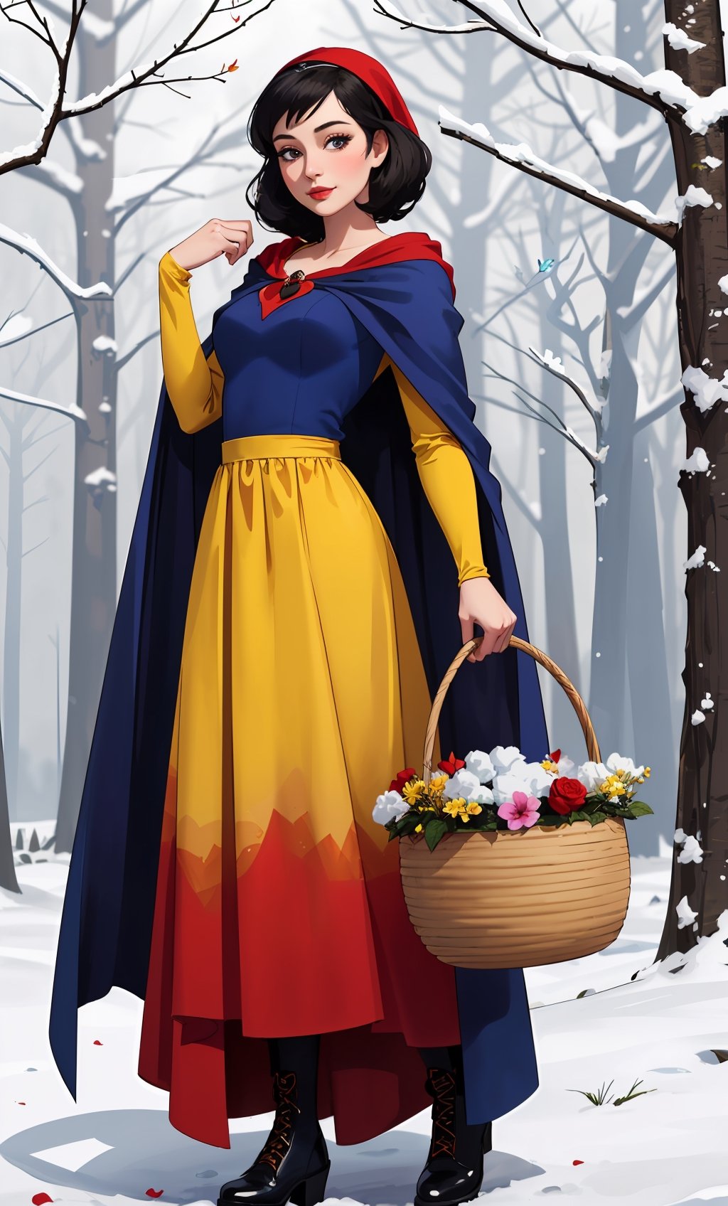 (((Snow White))),young, beautiful face, princess,((fair skin)), ((wearing blue and yellow dress)),((ultra-detailed)), ((a forest with trees, birds, butterflies,flowers)),((a red cape with intricate details)), (holding a basket),black shoes,gentle smile,(red bow on her head),photorealistic