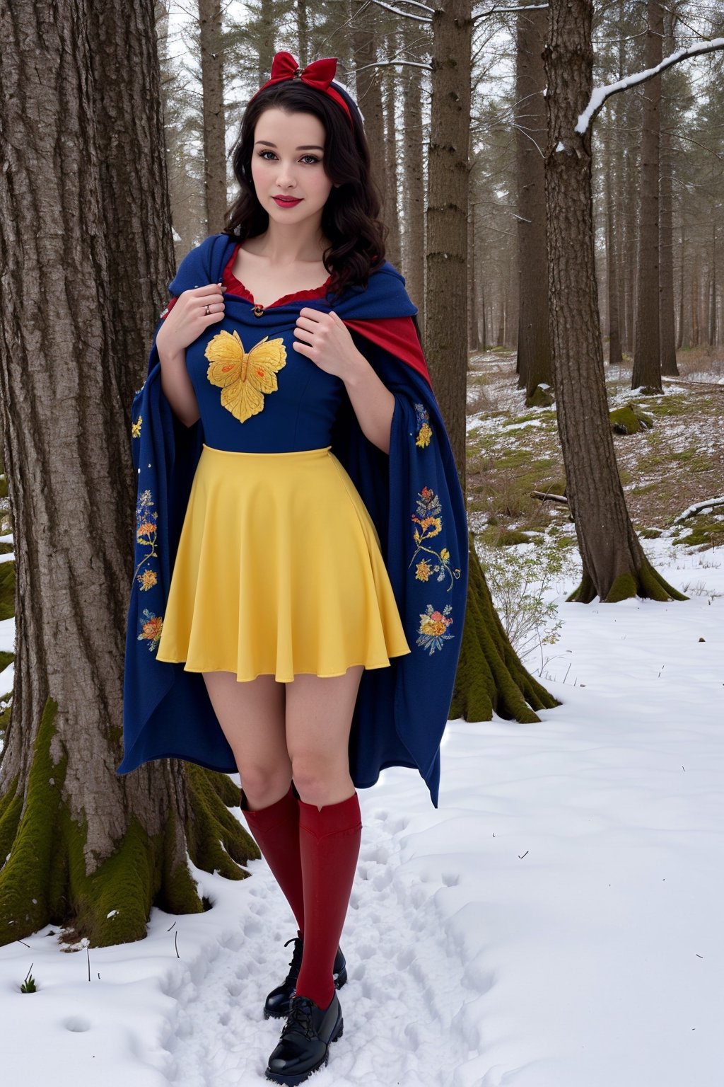 (((Snow White))),young, beautiful face, princess,((fair skin)), wearing blue and yellow dress,((ultra-detailed)), ((a forest with trees, birds, butterflies,flowers)),((a red cape with intricate details)), (holding a basket),black shoes,gentle smile,(red bow on her head)