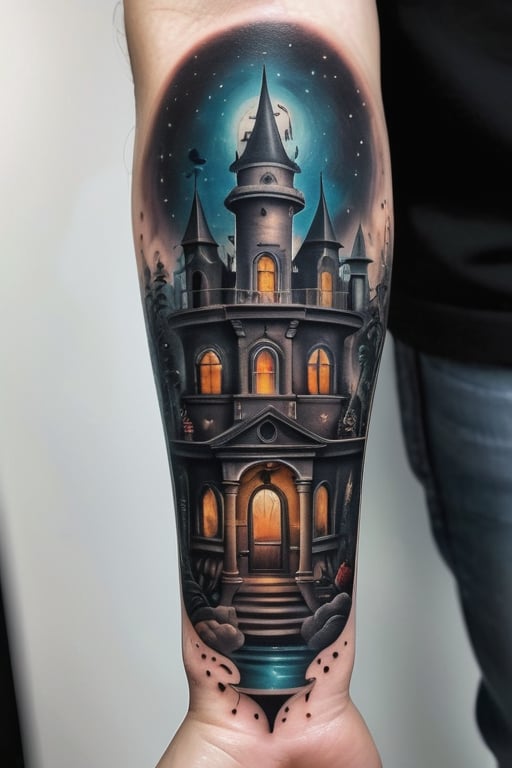 (a surrealistic tattoo design, a magic-mystical chamber filled of books and magical objects, there are candelights all over the place), enchanted objects, dark and mystical atmosphere, intricate details, tattoo on forearm,FuturEvoLabTattoo