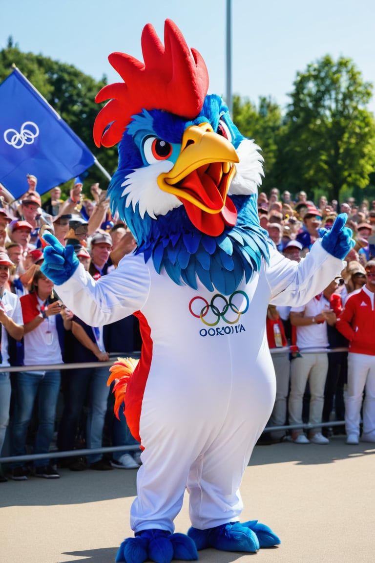 (an Olympic mascot costume:1.2), the mascot is a rooster, the colors of the French flag stand out on the mascot, ultra detailed, puffy, charismatic, unique style, (olympics logo:1.2), (festival, party, crowd, funny pose:1.2)