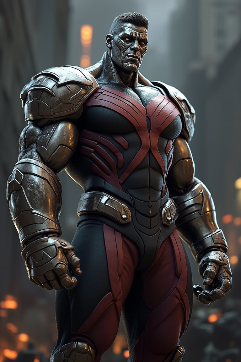 An hyperrealistic photography of Piotr Rasputin, also known as Colossus, from Marvel. He is depicted as muscular and imposing, with his entire body and especially his face made of gleaming organic steel, highlighting his transformation. The metallic texture of his face is particularly striking, with every feature—from his strong jawline to his intense eyes—rendered in shining metal. His modern X-Men costume, featuring dark red and black tones with metallic shoulder plates and a prominent X emblem on his chest, is battle-worn, showing signs of a recent fight. Colossus has his classic short, flat-top haircut, also made of metal, adding to his formidable appearance. The scene is set in the aftermath of a battle, with debris and smoke enveloping the environment. An epic and dark atmosphere is created by dramatic lighting that casts deep shadows and accentuates the metallic sheen of his face, making it the focal point of the image. Colossus stands tall and resilient, his expression unyielding, as he surveys the destruction around him, ready for whatever comes next.