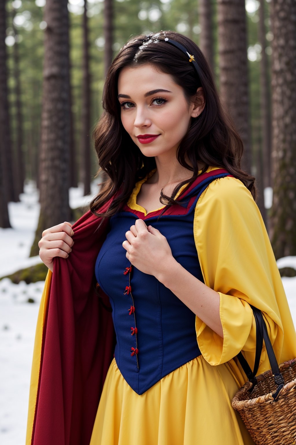 (((Snow White))),young, beautiful face, princess,((fair skin)), wearing blue and yellow dress,((ultra-detailed)), ((a forest with trees, birds, butterflies,flowers)),((a red cape with intricate details)), (holding a basket),black shoes,gentle smile