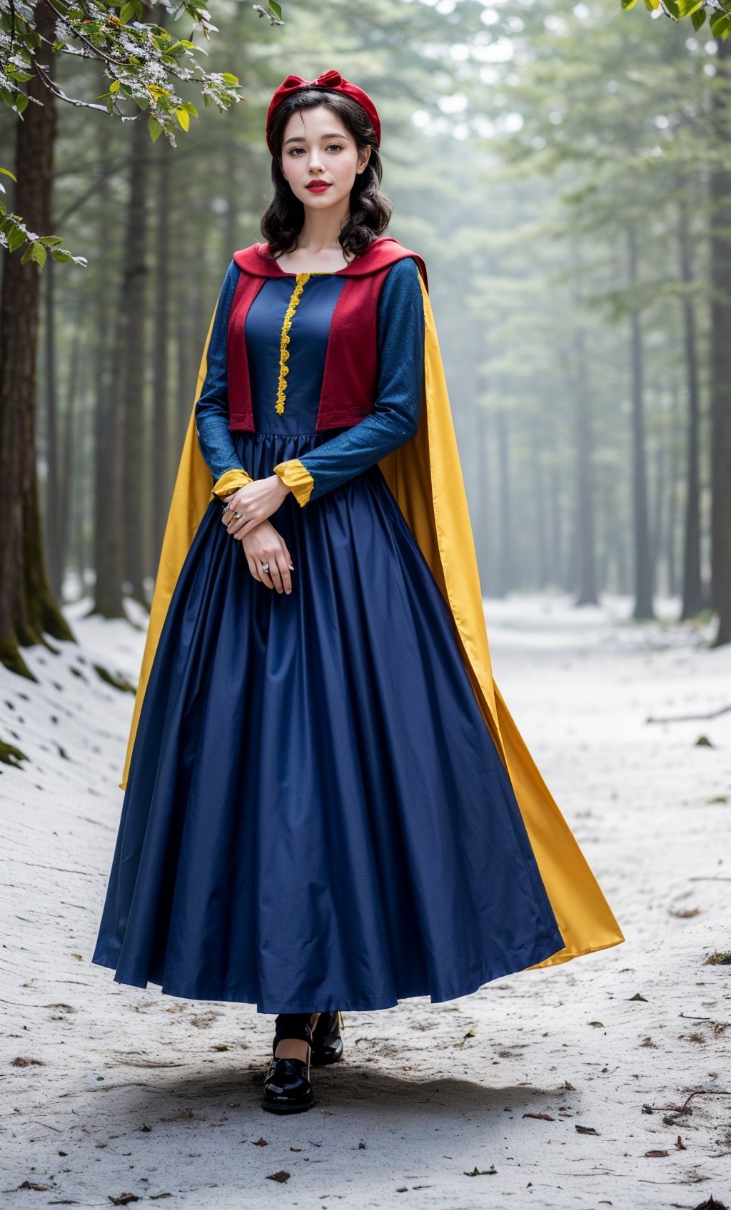 (((Snow White))),young, beautiful face, princess,((fair skin)), ((wearing blue and yellow dress)),((ultra-detailed)), ((a forest with trees, birds, butterflies,flowers)),((a red cape with intricate details)), (holding a basket),black shoes,gentle smile,(red bow on her head),photorealistic