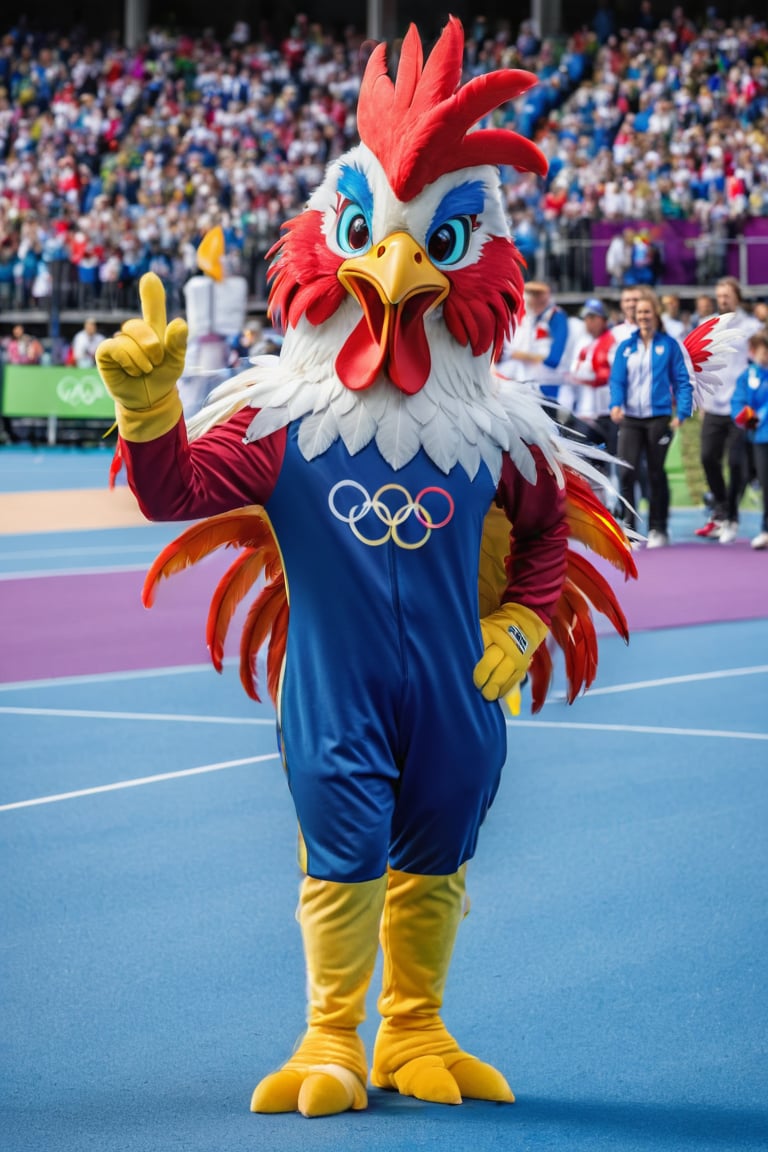 (an Olympic mascot costume:1.2), the mascot is a rooster, the colors of the French flag stand out on the mascot, ultra detailed, puffy, charismatic, unique style, (olympics logo:1.2), (festival, party, crowd, funny pose:1.2)