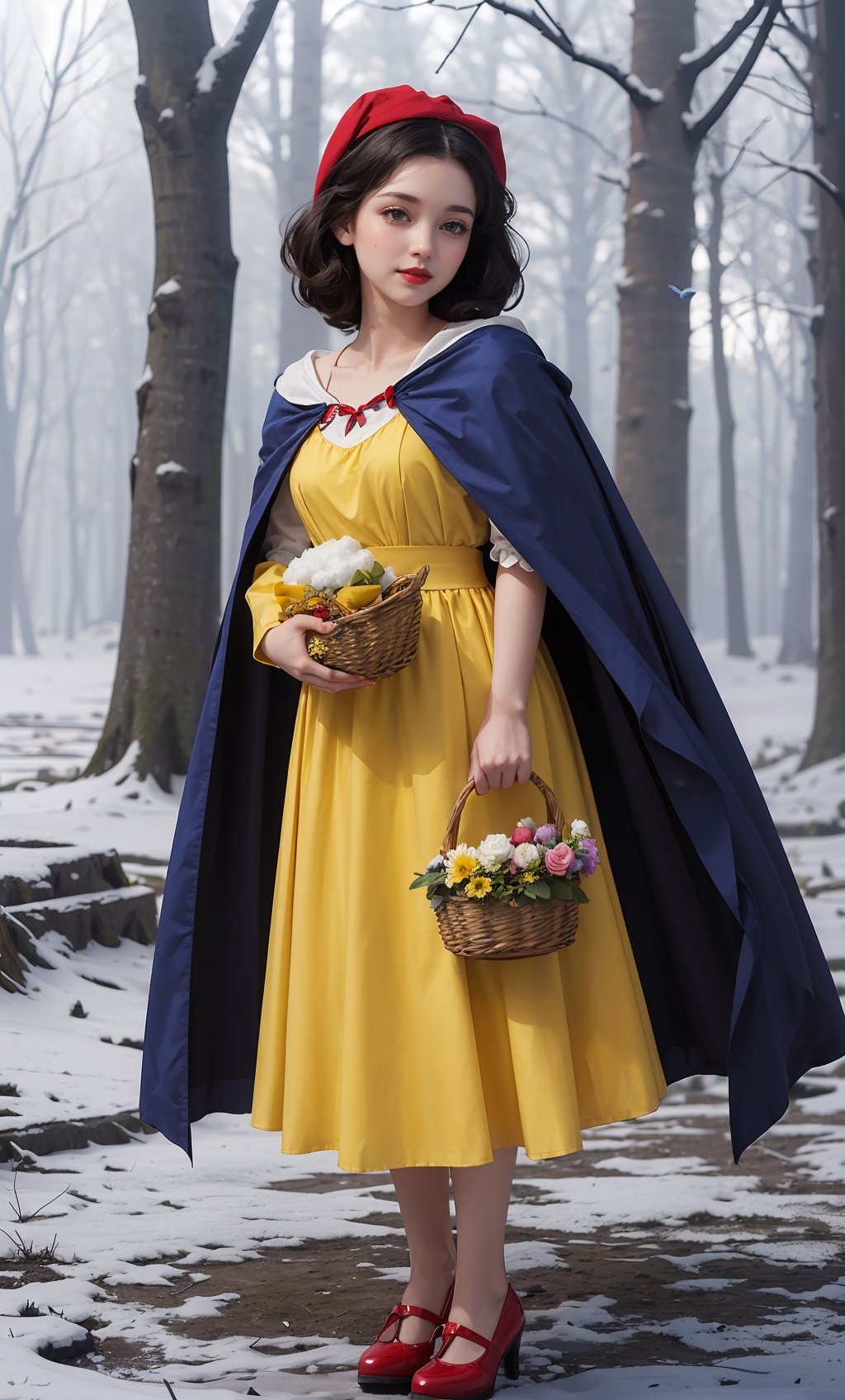 (((Snow White))),young, beautiful face, princess,((fair skin)), ((wearing blue and yellow dress)),((ultra-detailed)), ((a forest with trees, birds, butterflies,flowers)),((a red cape with intricate details)), (holding a basket),black shoes,gentle smile,(red bow on her head),photorealistic