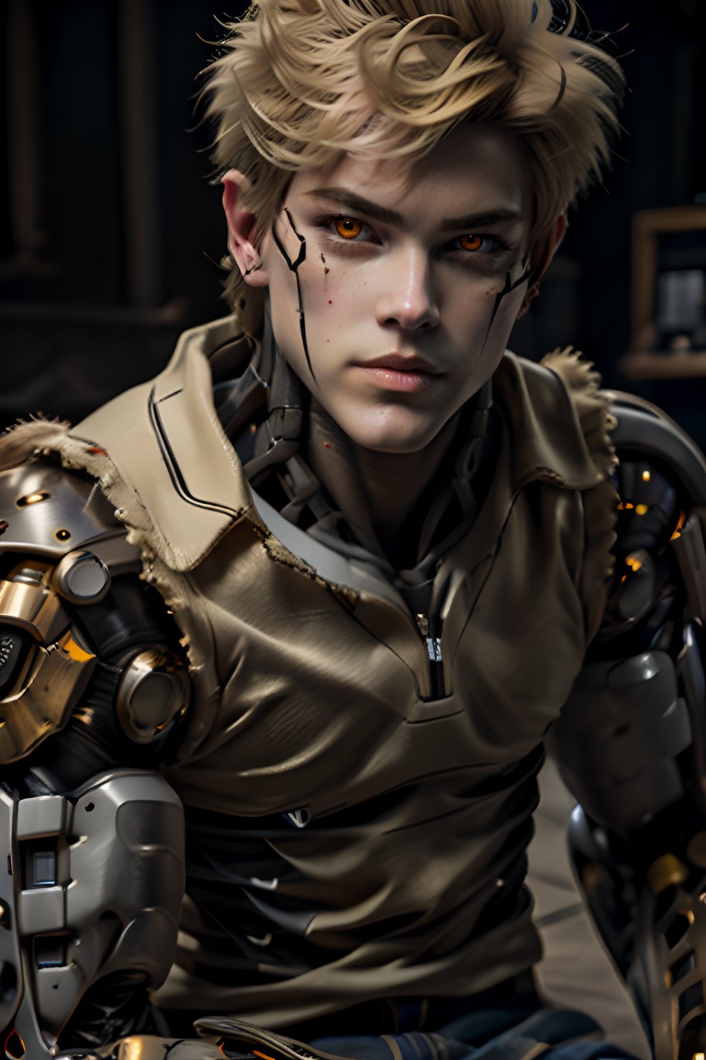 genos,perfecteyes, (photorealistic:1.5), beautiful face, masterpiece, best quality, ultra-detailed, highres, (intricate:1.4), physically based render, ray-tracing, studio lighting, rich colors, (blonde hair:1.4), glowing eyes, cyborg, (genos:1.5)