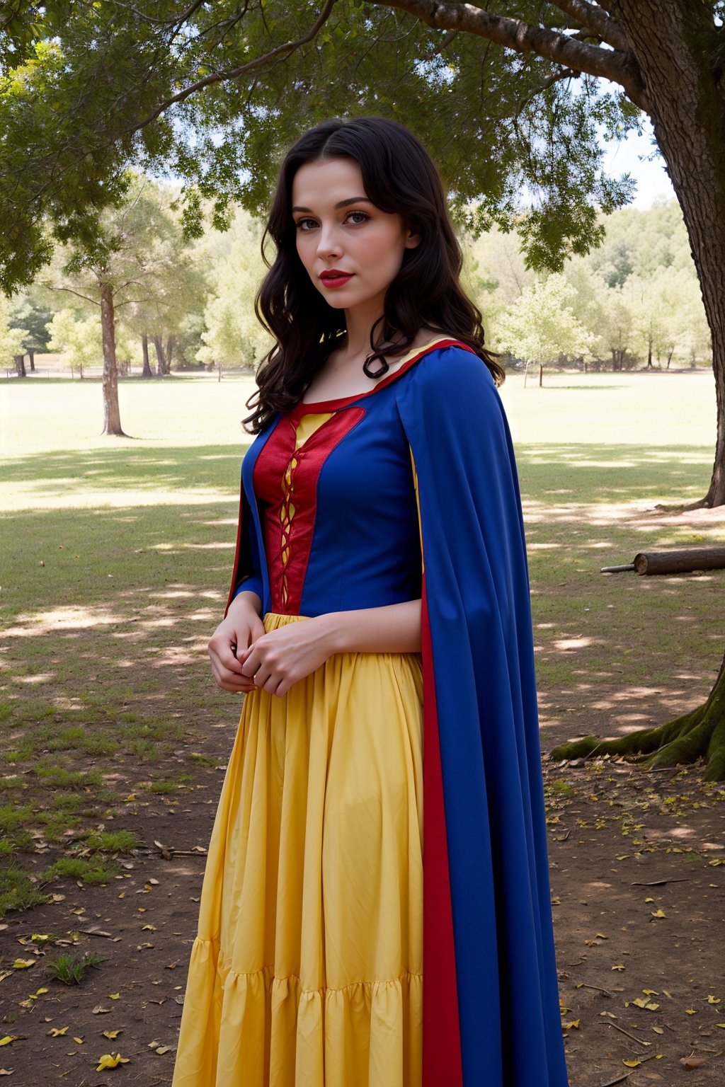 (((Snow White))),young, beautiful face, princess,((fair skin)), wearing blue and yellow dress,((ultra-detailed)), ((a forest with trees, birds, butterflies,flowers)),((a red cape with intricate details))