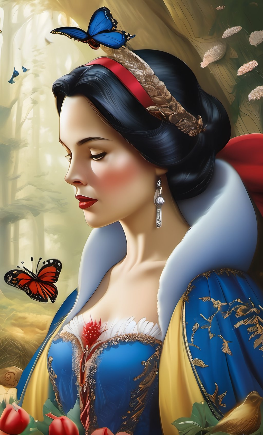 (((Snow White))),young, beautiful face, princess,((fair skin)), ((wearing blue and yellow dress)),((ultra-detailed)), ((a forest with trees, birds, butterflies,flowers)),((a red cape with intricate details)), (holding a basket),black shoes,gentle smile,(red bow on her head),photorealistic