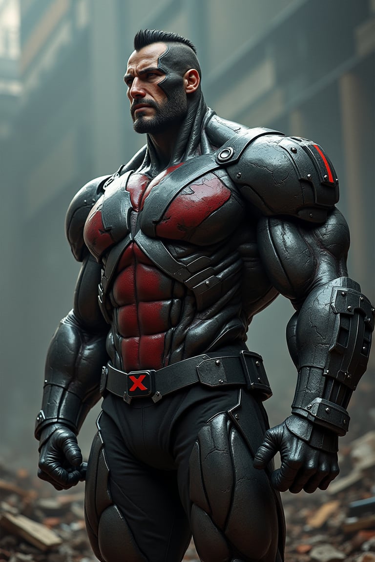 An hyperrealistic photography of Piotr Rasputin, also known as Colossus, from Marvel. He is depicted as muscular and imposing, with his entire body and face made of gleaming organic steel, emphasizing his incredible strength and durability. The metallic texture of his skin reflects light dramatically, creating a powerful visual contrast. He is wearing his modern, updated X-Men costume, featuring a more armored look with dark red and black tones, metallic shoulder plates, and a prominent X emblem on his chest. The suit is battle-worn, with visible damage from a recent fight. Colossus has his classic short, flat-top haircut, with neatly trimmed sides, all made of metal, emphasizing his transformation. The scene is set in the aftermath of a battle, surrounded by debris and smoke, with an epic and dark atmosphere. Dramatic lighting casts deep shadows and highlights his metallic form, giving the scene an intense and powerful mood. Colossus stands tall and resilient, his expression resolute, as he surveys the destruction around him, ready for whatever comes next.