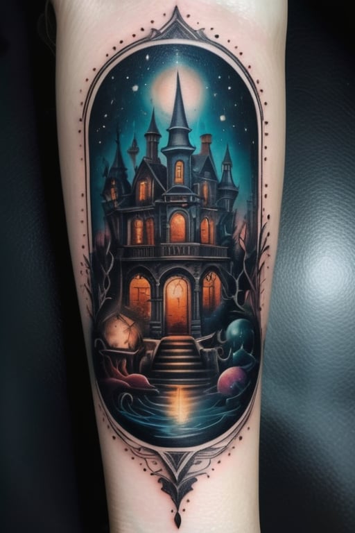 (a surrealistic tattoo design, a magic-mystical chamber filled of books and magical objects, there are candelights all over the place), enchanted objects, dark and mystical atmosphere, intricate details, tattoo on forearm,FuturEvoLabTattoo