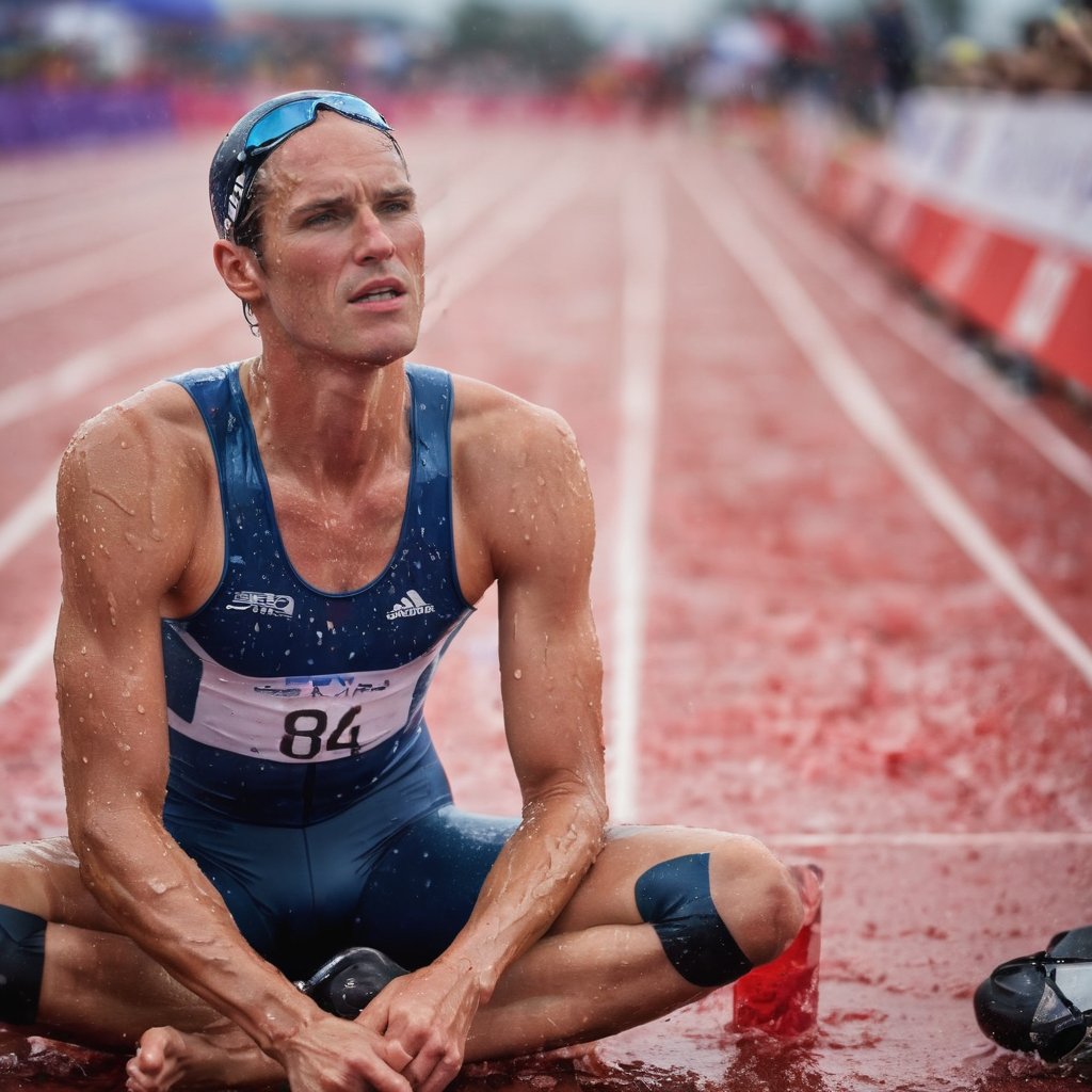 An amazing photograph of an Olympic triathlete sitting at the finish line exhausted after a race.
exhausted, dramatic, sweating_profusely, soaking wet, 8k, full body shot, looking at viewer