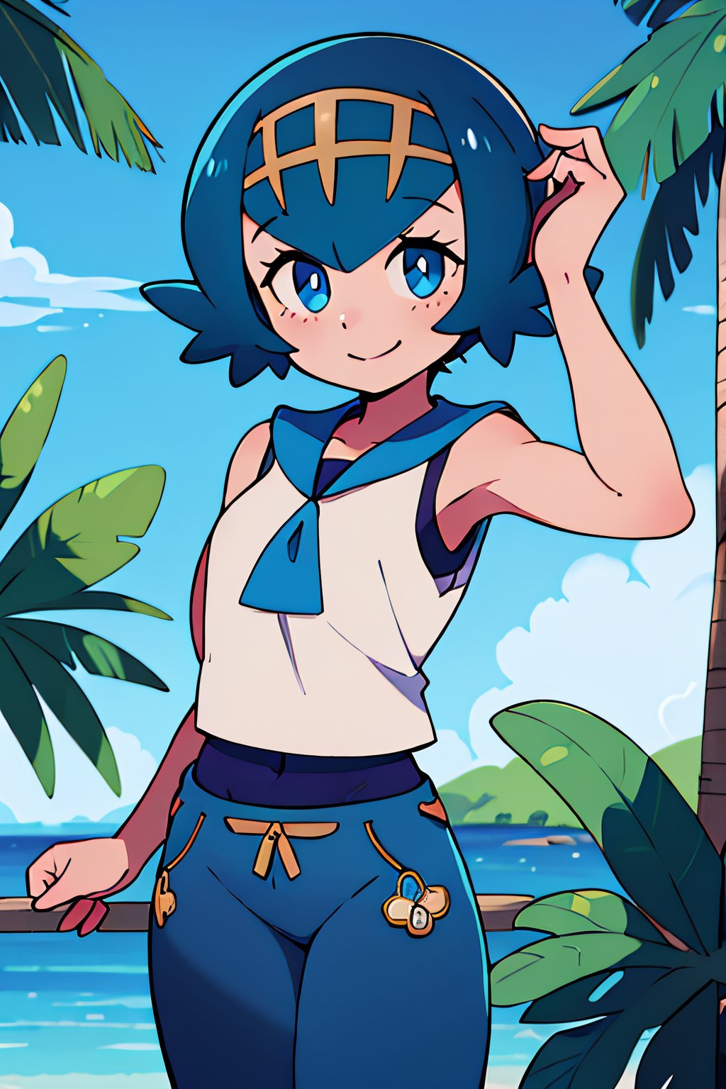 ((masterpiece,best quality)), absurdres,, Lana_Pokemon, sailor collar, sleeveless shirt, blue pants, solo, smiling, looking at viewer, cowboy shot, tropical background, cinematic composition, dynamic pose,