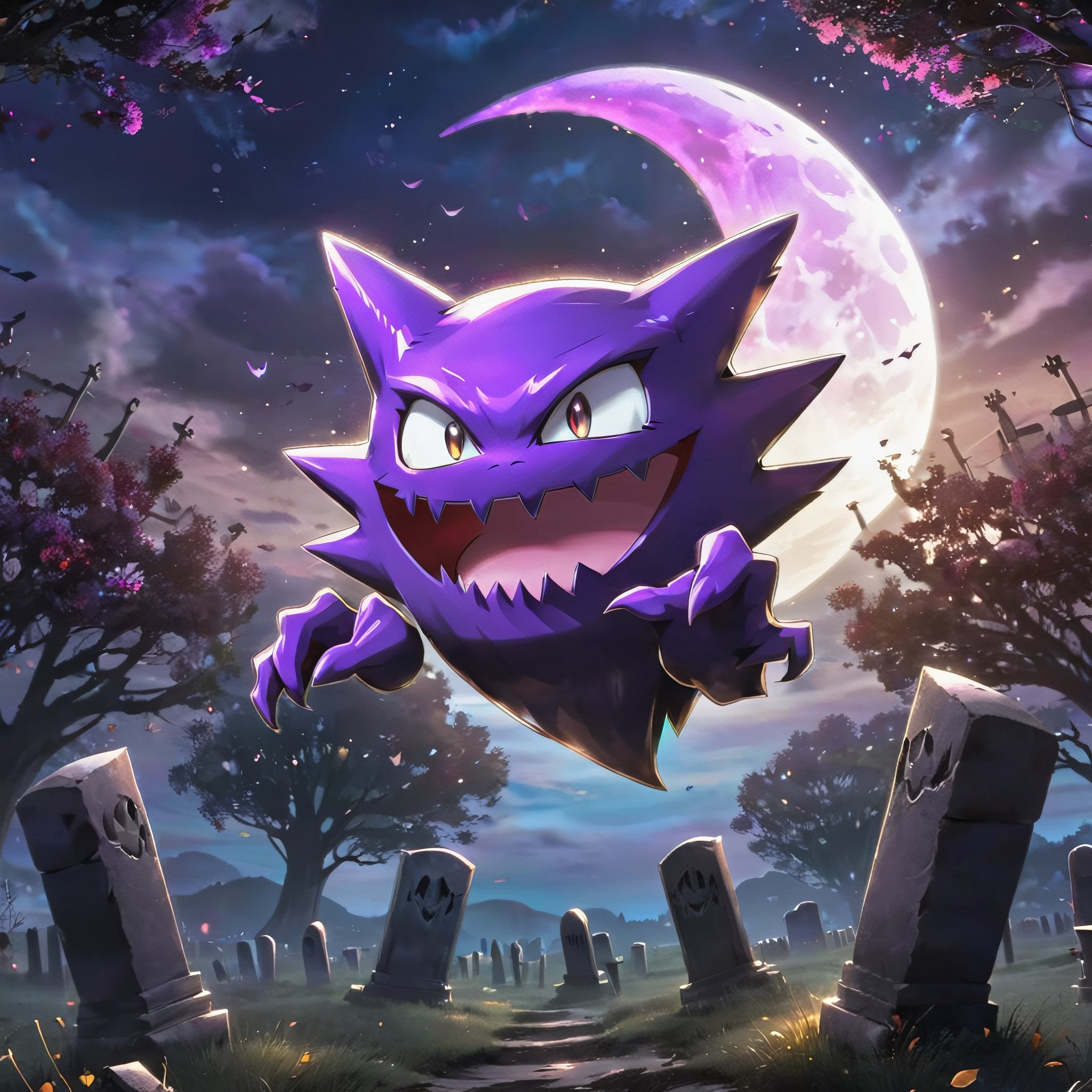 ((masterpiece,best quality)), , Haunter_Pokemon, floating, no humans, pokemon \(creature\),solo, evil smile, looking at viewer, graveyard, crescent moon,cinematic composition, ,ColorART
