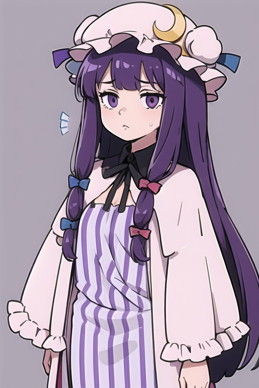 masterpiece, best quality,,1girl,solo,patchouli knowledge, purple hair,purple eyes,grey background,