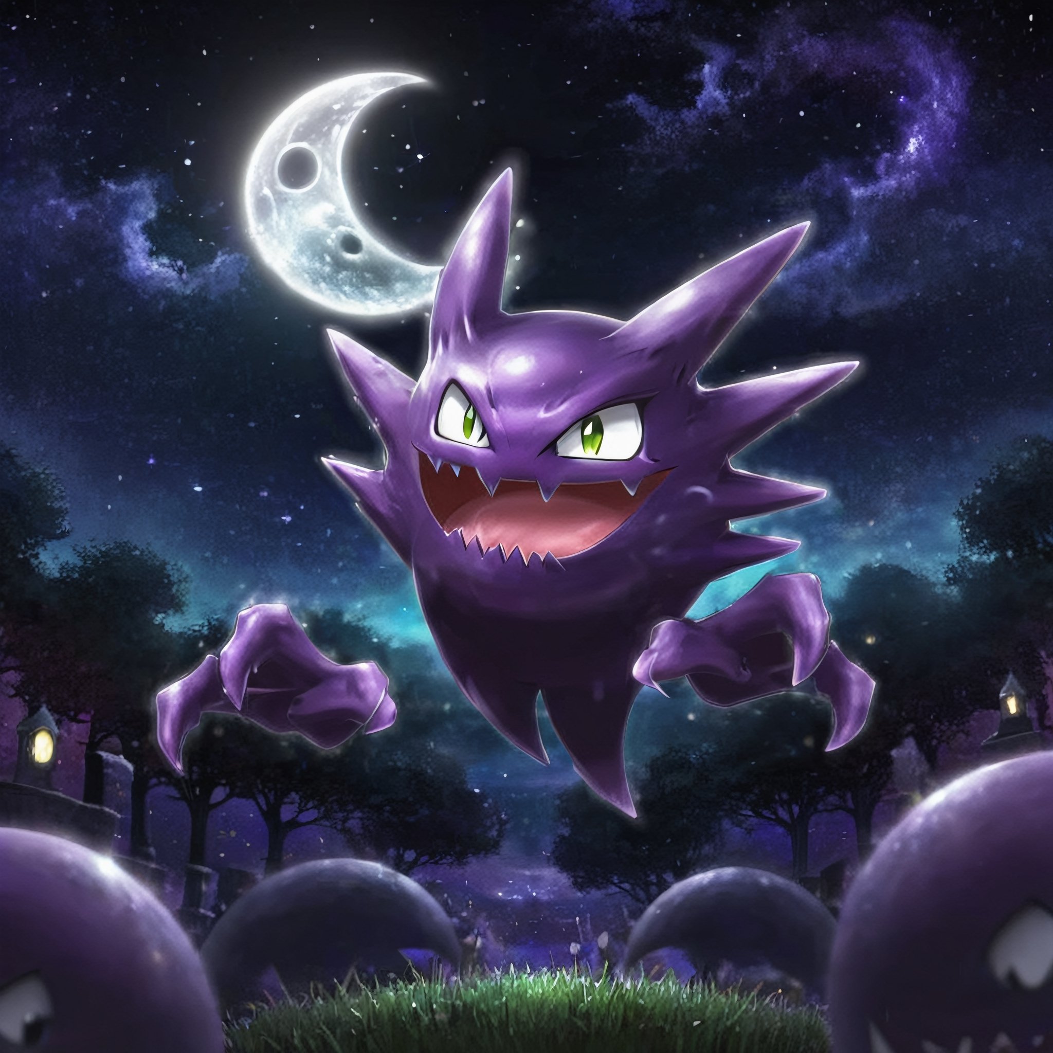 ((masterpiece,best quality)), , Haunter_Pokemon, floating, no humans, pokemon \(creature\),solo, evil smile, looking at viewer, graveyard, crescent moon, glowing, particles, starry_sky