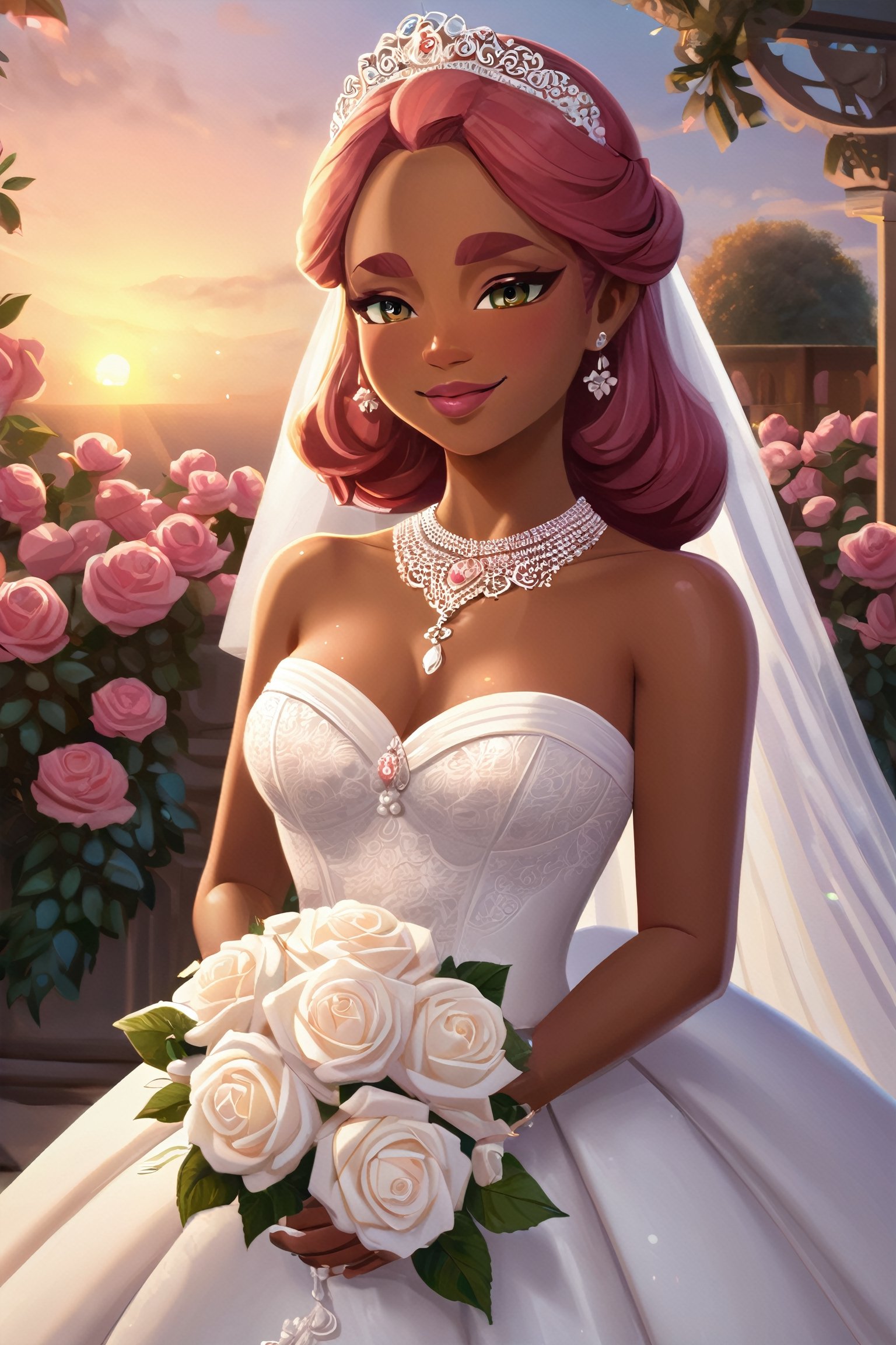 4k resolution, intricately detailed, trending on artstation,
((best quality)), ((highly detailed)), masterpiece, 
beautiful woman, full lips,  smile, blush, flowers, 
Riju_Zelda, solo, smile, bride, wedding dress, bridal veil, strapless dress, elbow gloves, white rose, pearl necklace, outdoors, sunset, blush