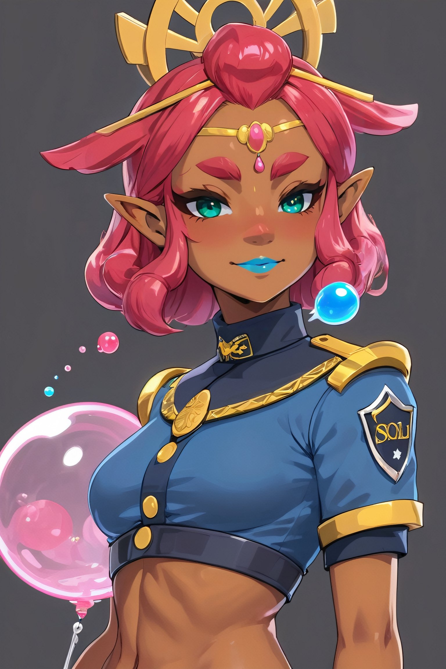 4k resolution, intricately detailed, trending on artstation,
((best quality)), ((highly detailed)), masterpiece, 
beautiful woman, full lips,  
Riju_Zelda, solo, smile, 
smug, blue police uniform, bubblegum bubble