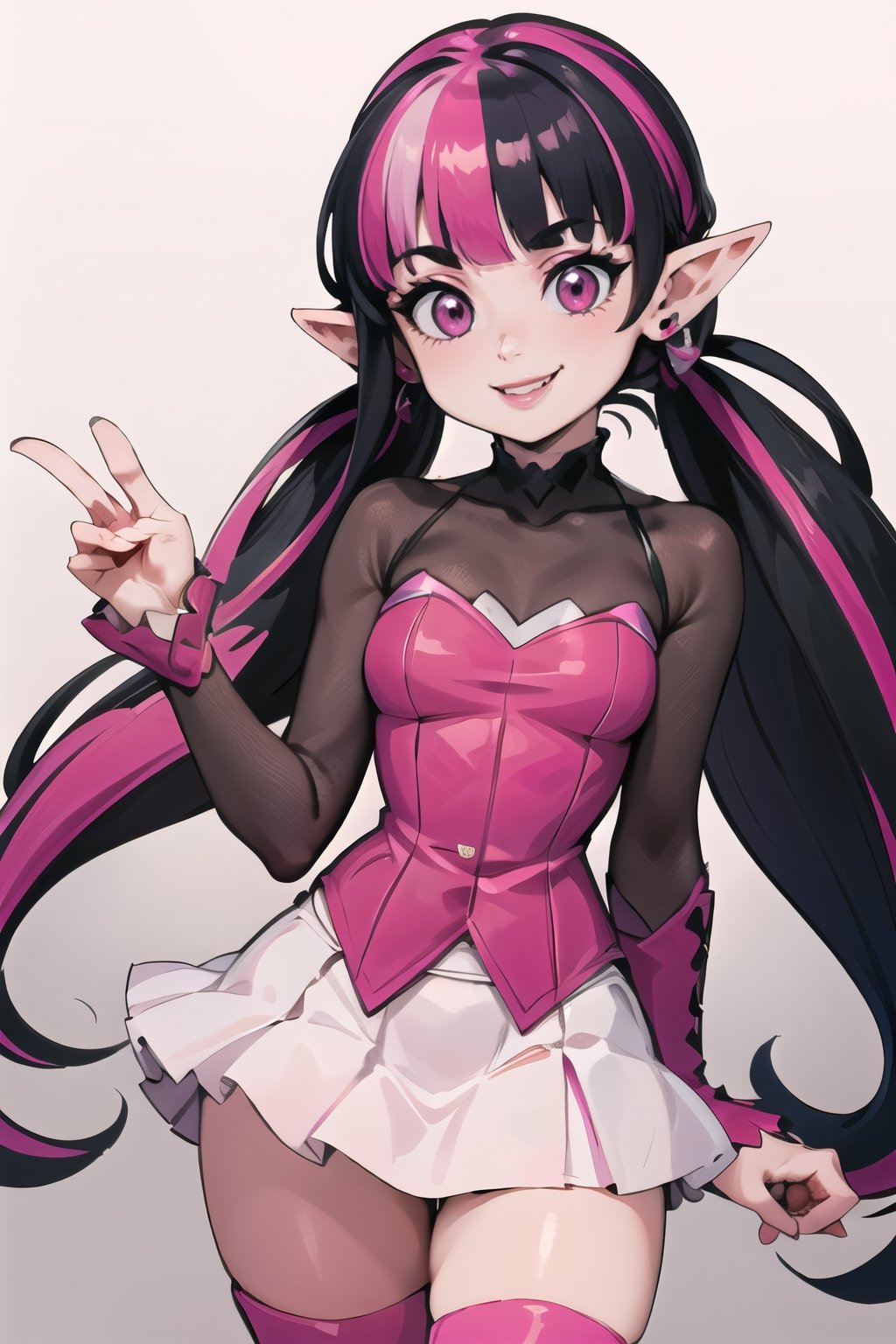 ((masterpiece,best quality)), absurdres,, Draculaura_MH, pink top, black hair, pink hair, multicolored hair, pointy ears,white skirt, pink knee boots, smiling, contrapposto