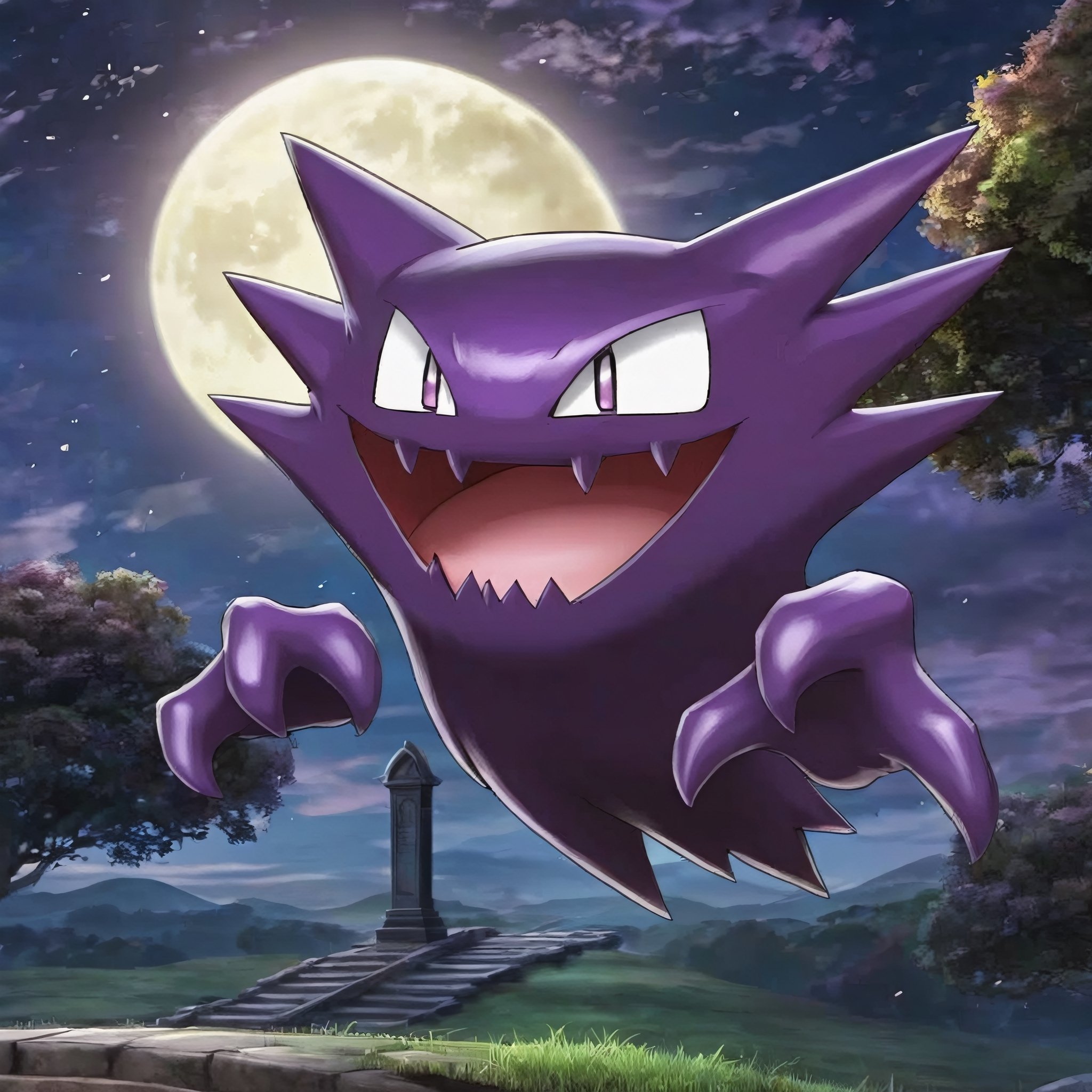 ((masterpiece,best quality)), , Haunter_Pokemon, floating, no humans, pokemon \(creature\),solo, smiling, looking at viewer,graveyard, crescent moon,cinematic composition,