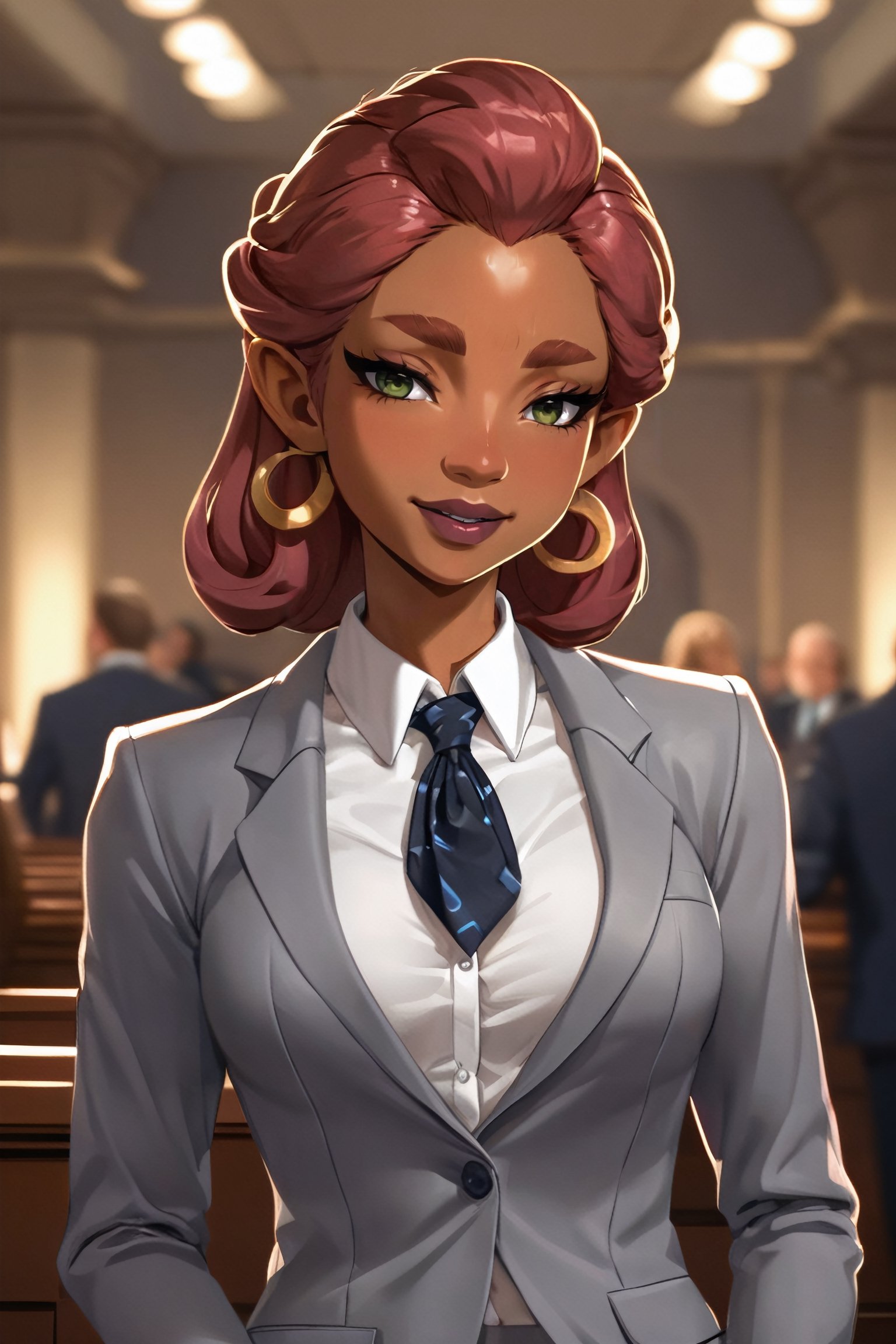 4k resolution, intricately detailed, trending on artstation,
((best quality)), ((highly detailed)), masterpiece, 
beautiful woman, full lips,  
Riju_Zelda, solo, smile, 
smug, grey blazer, lipstick, open white shirt, lawyer