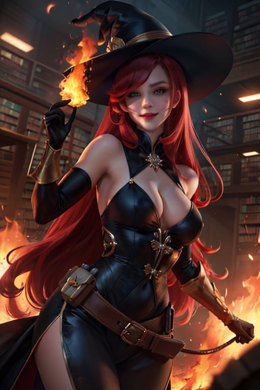 ((masterpiece,best quality)), absurdres, facesakimigirl,  young pretty face, Mirael_AFK, long red hair, black glove, smiling,  library fire and magic in background, cinematic composition, dynamic pose,