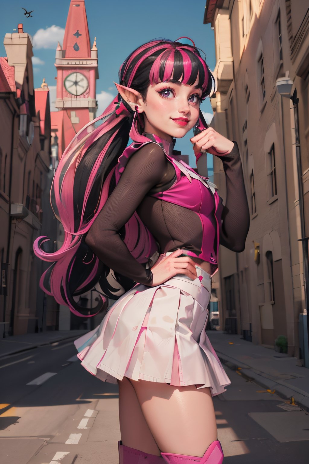 ((masterpiece,best quality)), absurdres,, Draculaura_MH, pink top, black hair, pink hair, multicolored hair, pointy ears,white skirt, pink knee boots, smiling, contrapposto, from the side, looking at viewer, cowboy shoot, school hall in background, cinematic composition, 