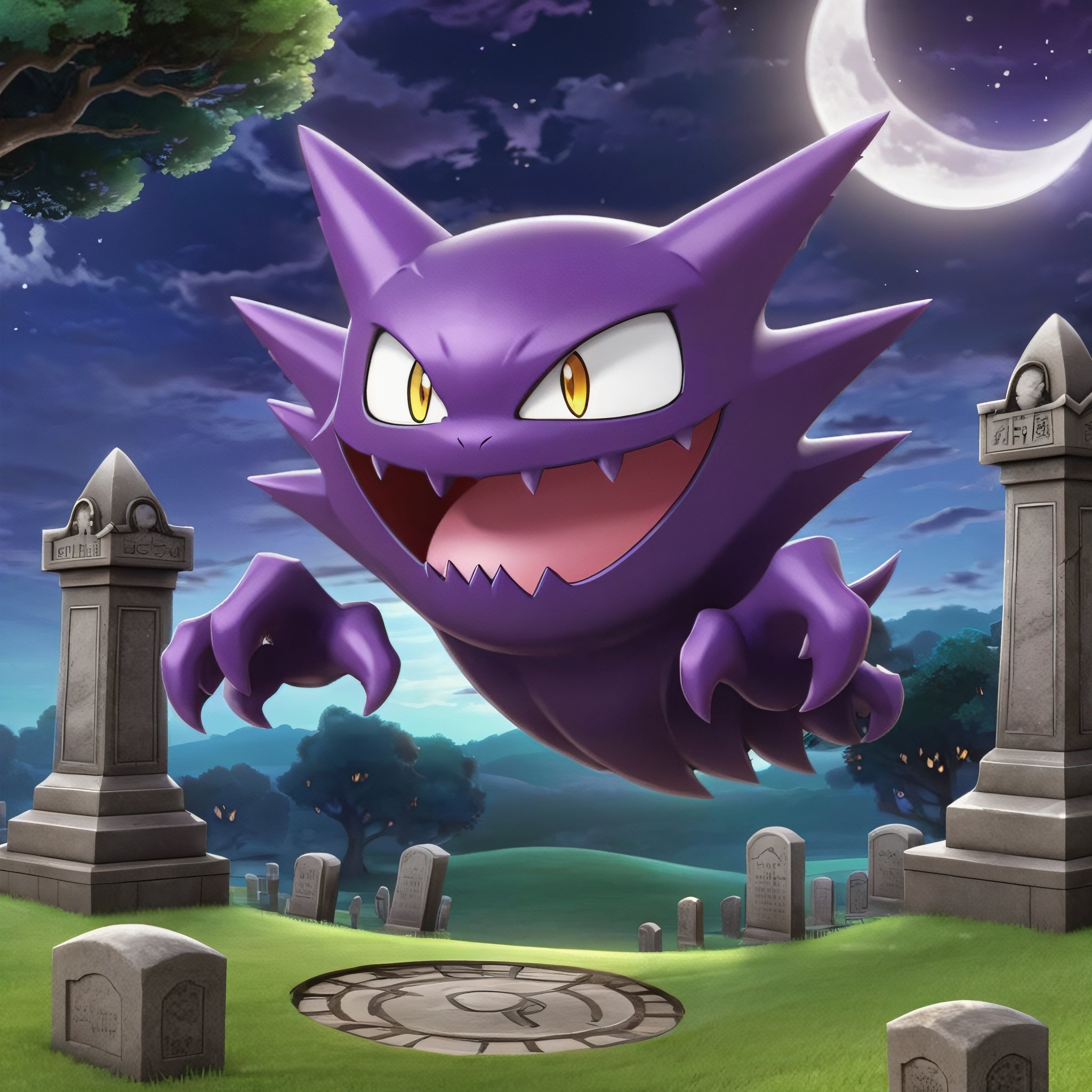 ((masterpiece,best quality)), , Haunter_Pokemon, floating, no humans, pokemon \(creature\),solo, evil smile, looking at viewer, graveyard, crescent moon, ,3d style