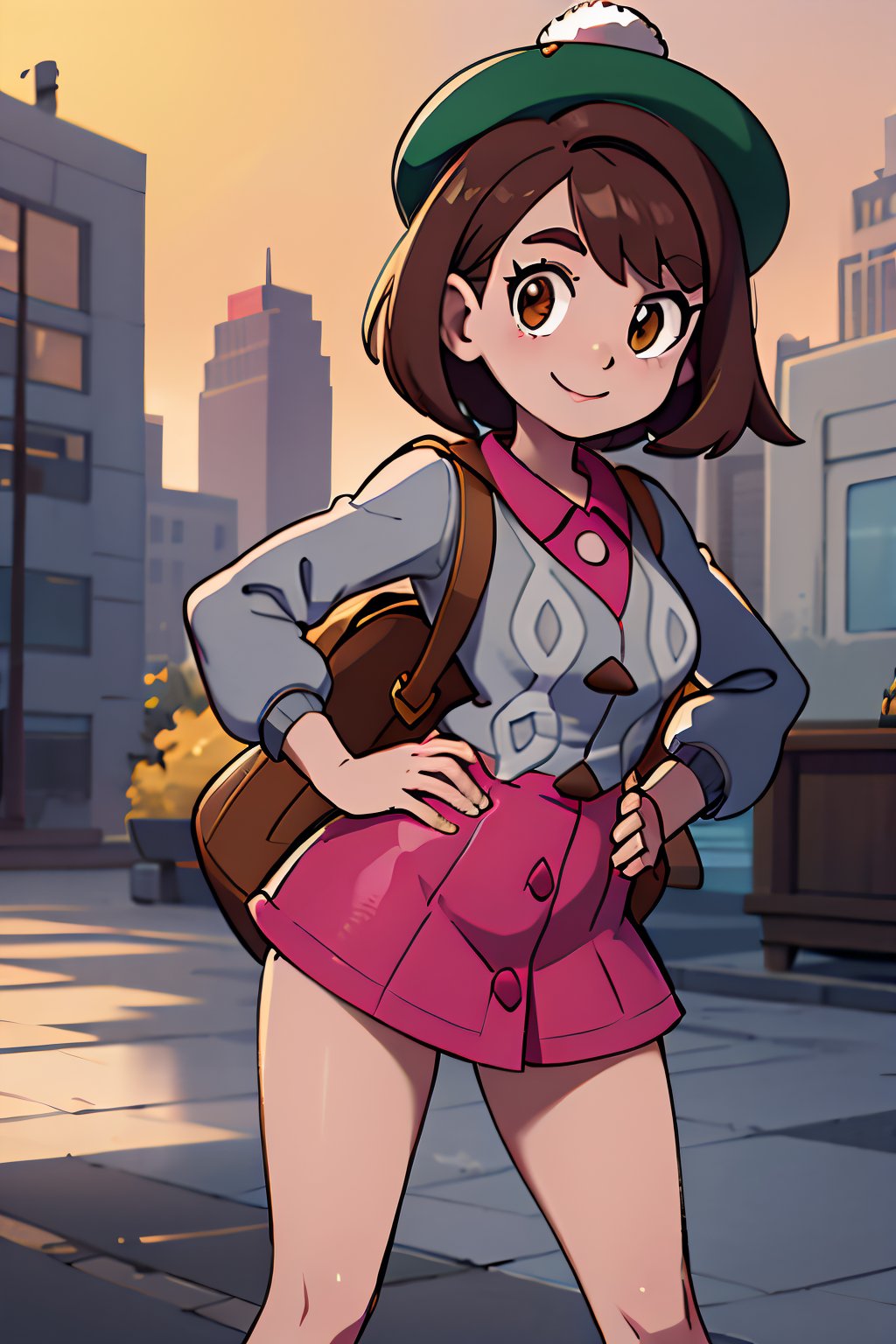 ((masterpiece,best quality)), absurdres,  ,  gloria \(pokemon\), brown hair, solo, backpack, brown eyes, tam o' shanter, grey cardigan, pink dress, short hair, green socks, socks, brown bag, bob cut, bangs, long sleeves, collared dress,  solo, smiling, looking at viewer, cowboy shot,  cinematic composition, dynamic pose, contrapposto, hand on hip,