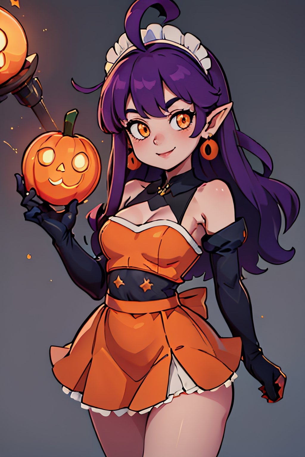 ((masterpiece,best quality)), absurdres,, Stardust_Pumpkins_Citron_OC, 1girl, solo, long purple hair,  orange eyes, ahoge, pointy ears, orange dress, elbow gloves, bare shoulders, maid headdress, jewelry, earrings, solo, smiling, looking at viewer, cowboy shot, cinematic composition,  , contrapposto, 