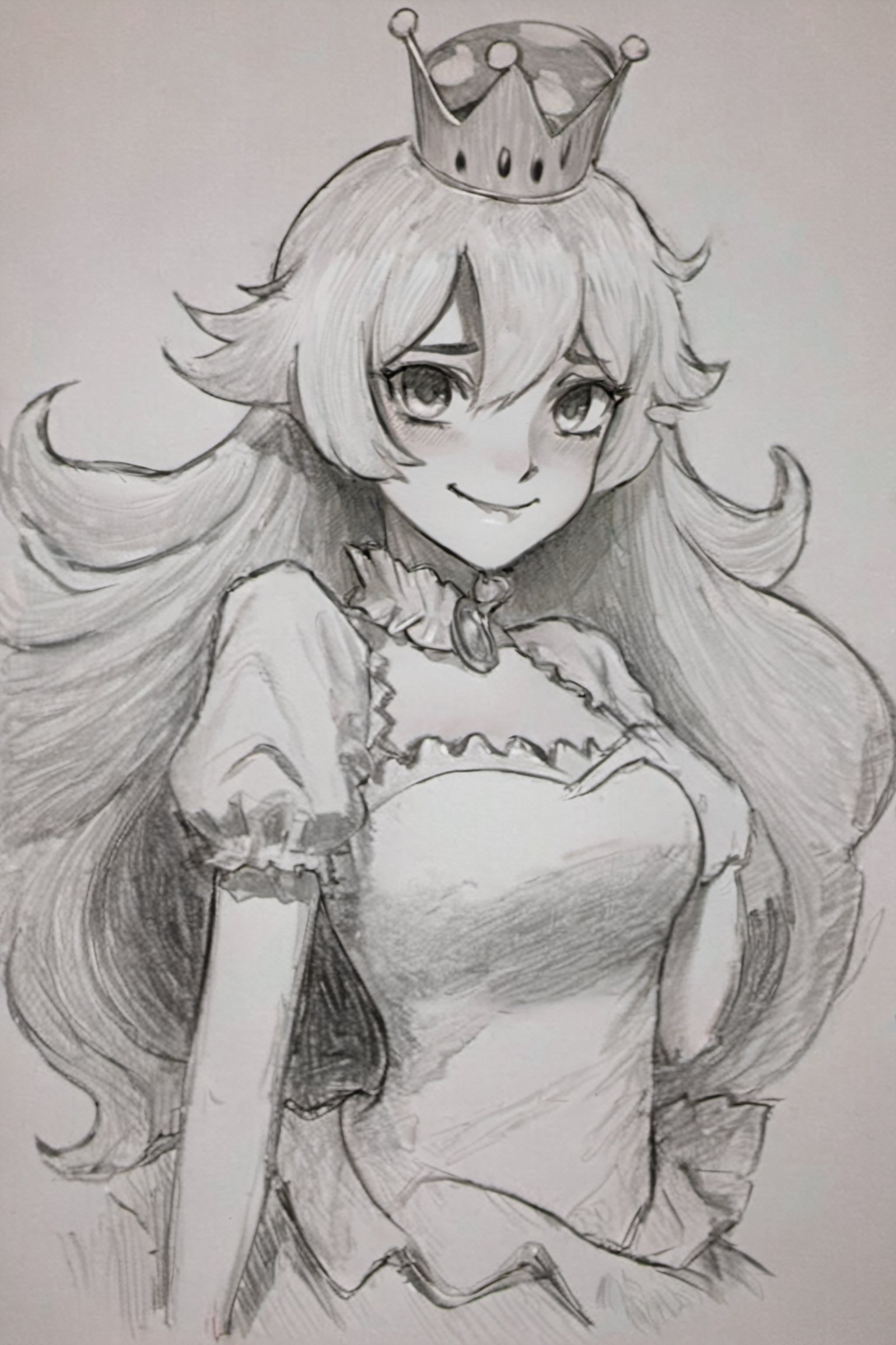 ((masterpiece,best quality)), pretty eyes, detailed face,
(Pencil_Sketch:1.2, messy lines, greyscale, traditional media, sketch), unfinished, hatching (texture) , ((masterpiece,best quality)), absurdres, , Boosette_Mario, 1girl, long hair, white hair, long white dress, ballroom dress, white gloves, solo, smiling, blushing, looking at viewer, cowboy shot,