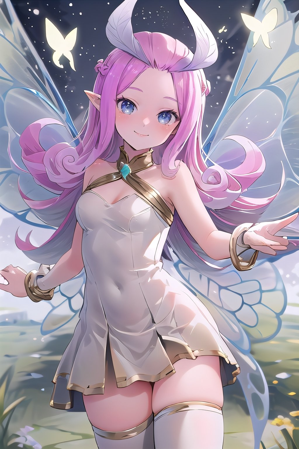 ((masterpiece,best quality)), absurdres,, Tasi_AFK, long pink hair, fairy, fairy wings, dress, thighhighs,   pointy ears, blushing, solo, smiling, looking at viewer, cowboy shot, cinematic composition, dynamic pose, contrapposto, 